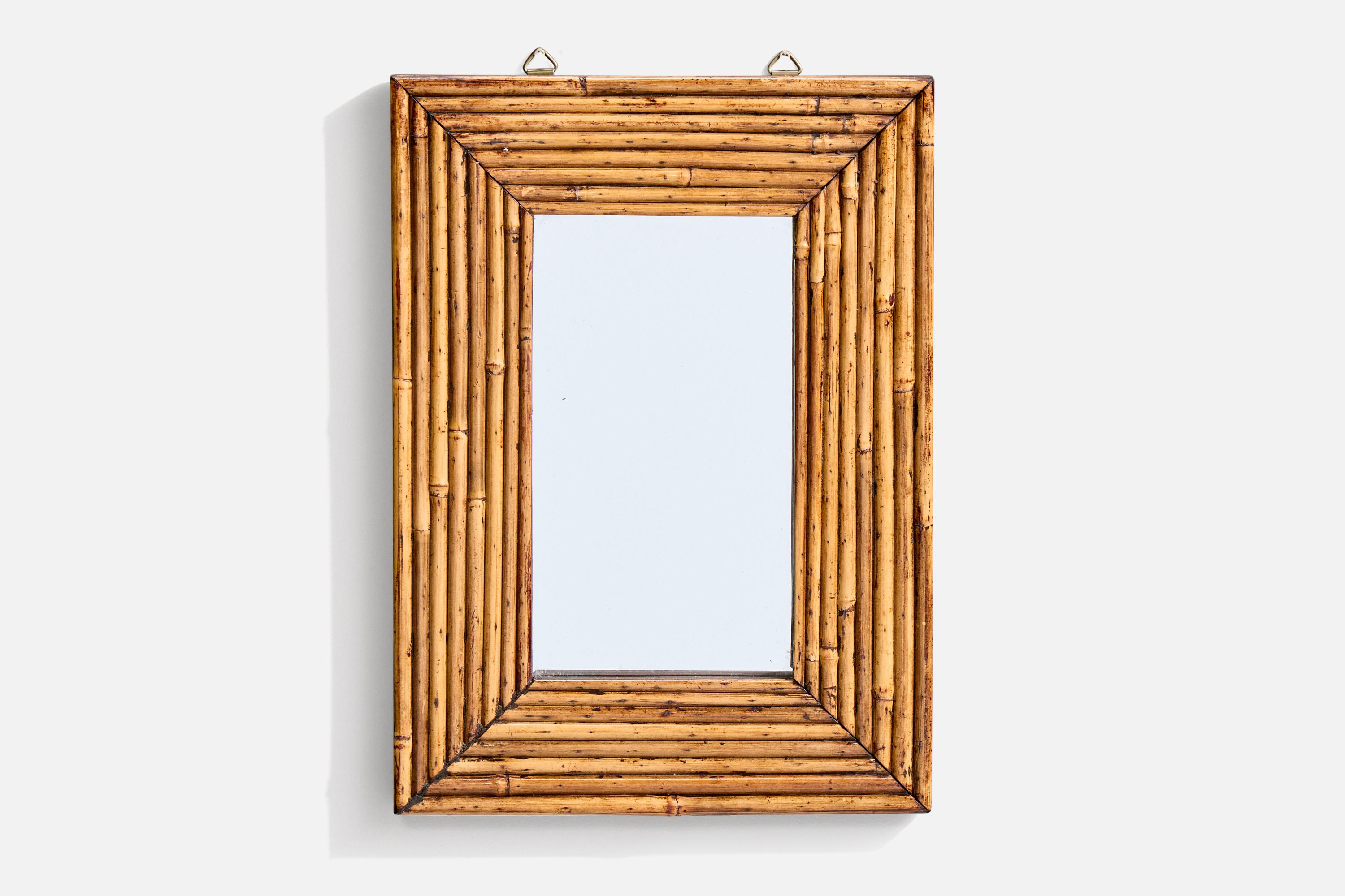 Specchio in bambù e legno tinto scuro progettato e prodotto in Italia, anni '50 circa.