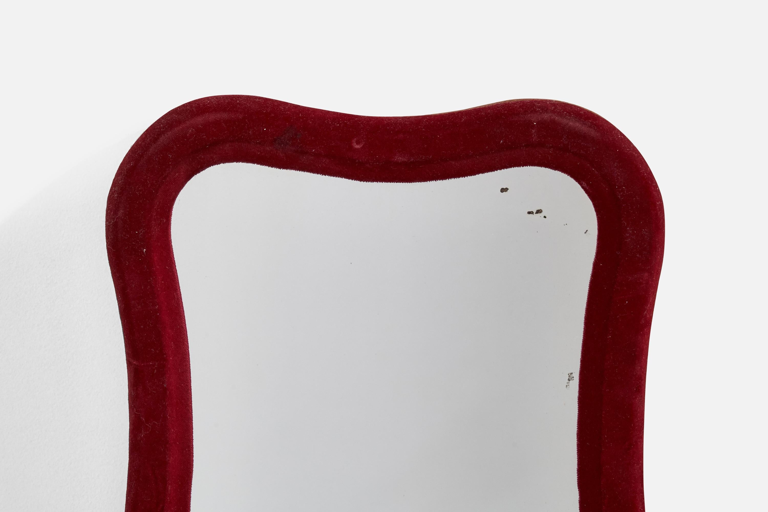 Italian Designer, Wall Mirror, Red Velvet, Mirror Glass, Italy, 1970s For Sale 1