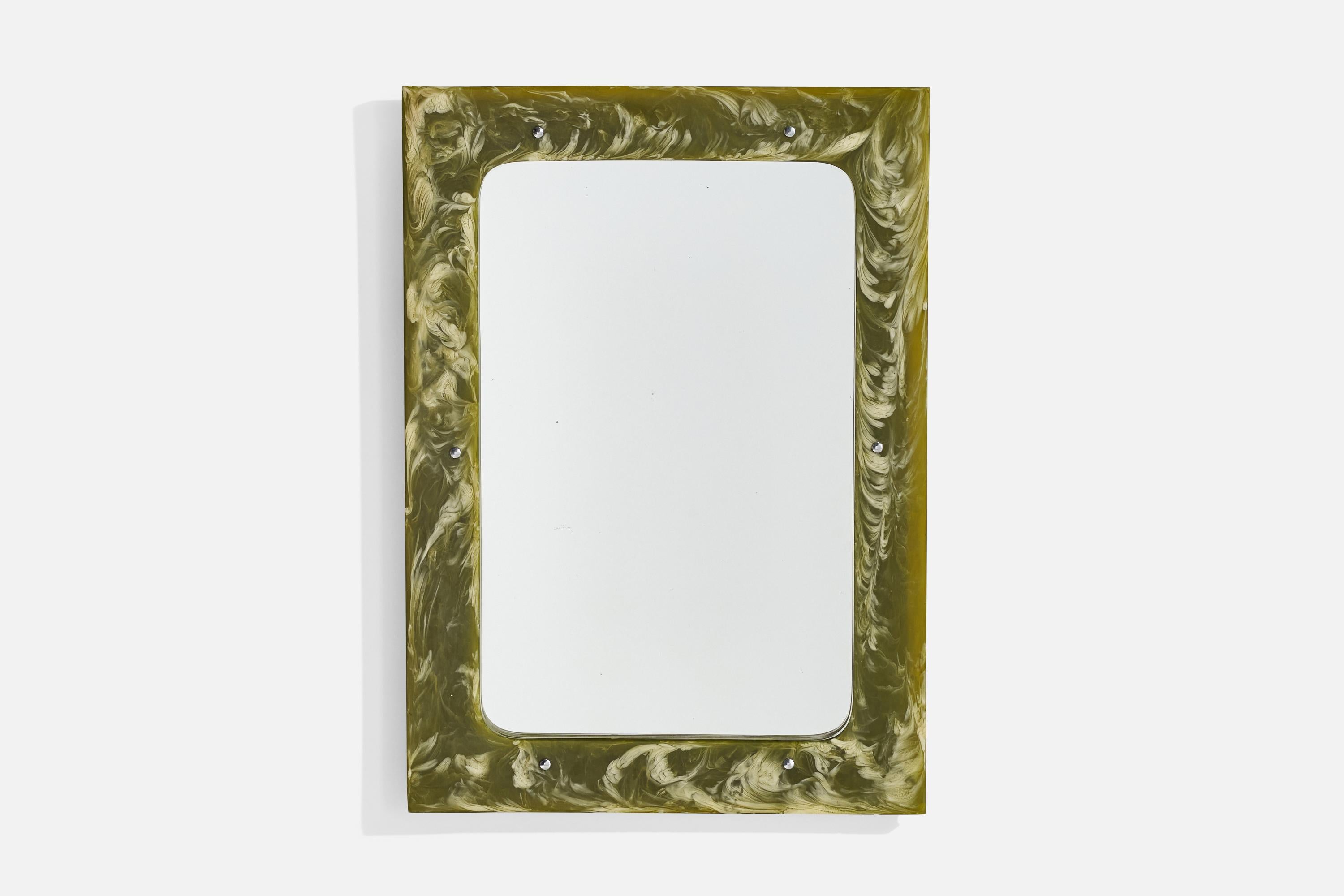 A green resin and metal wall mirror designed and produced in Italy, c. 1960s.

dimensions: 27.125“ H x 19.375” W x 1.25” D