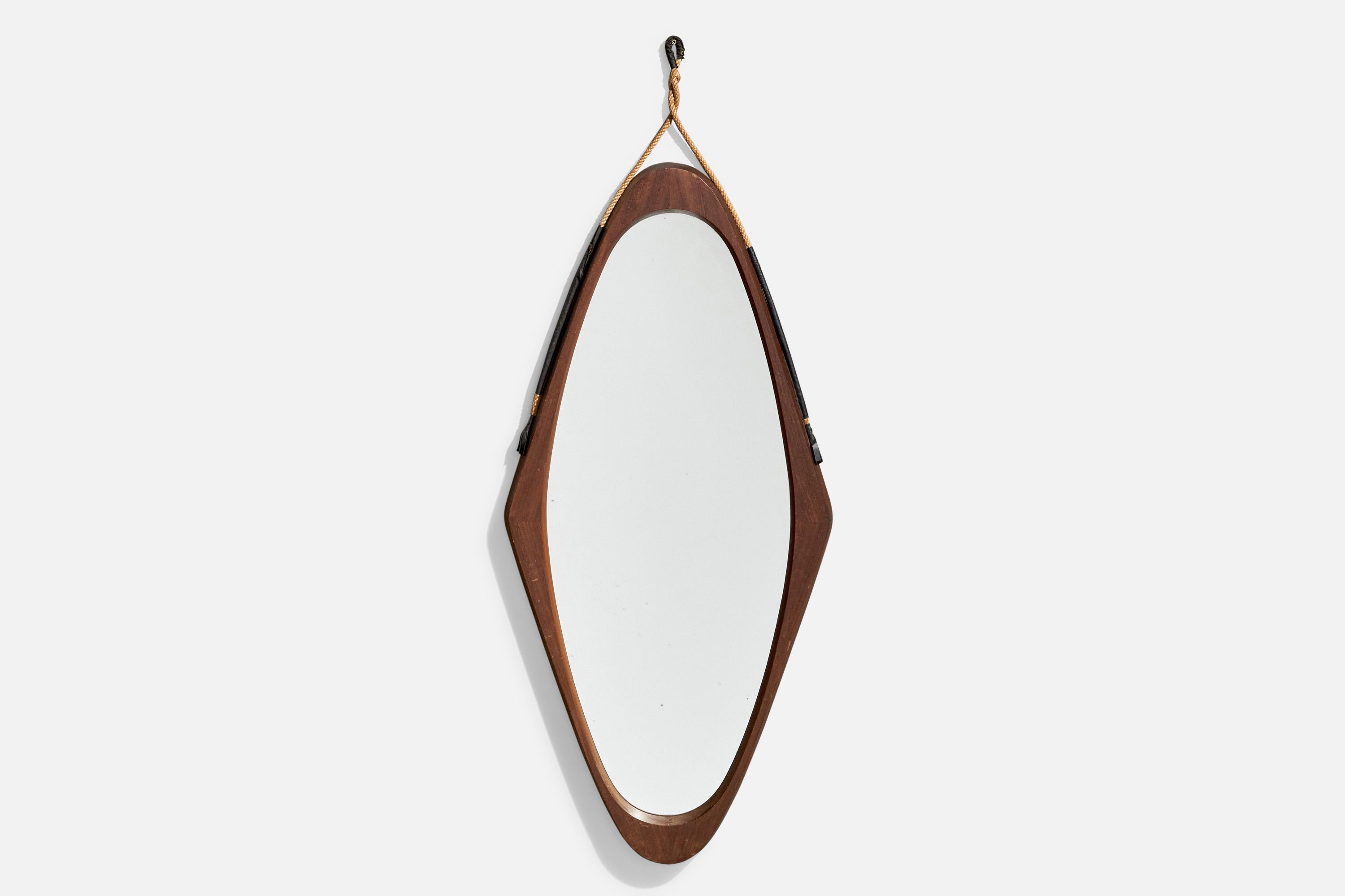 Espejo de pared de teca, cuerda y caucho, diseñado y fabricado en Italia, años 50. 