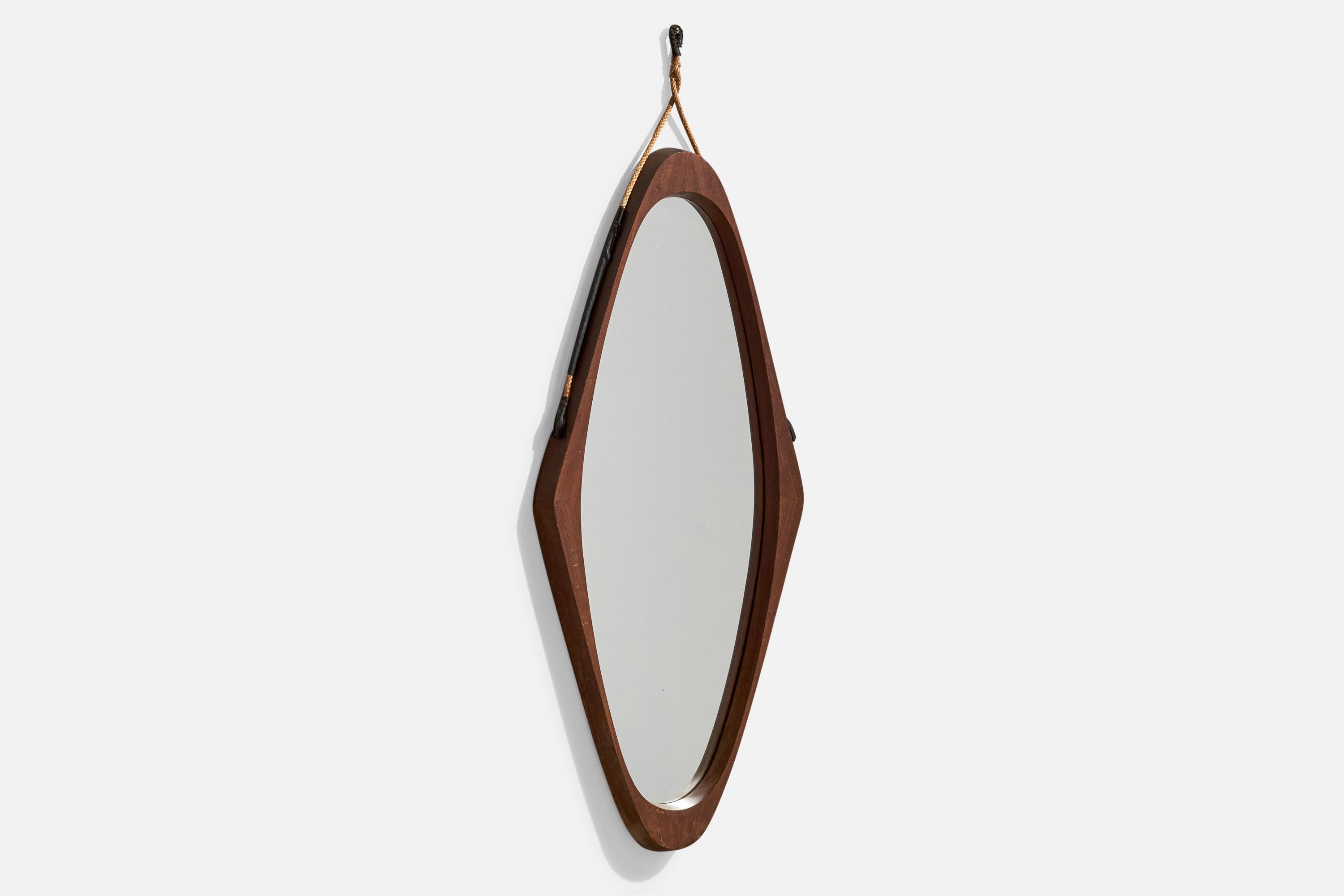 Diseñador italiano, espejo de pared, teca, cuerda, caucho, Italia, años 50 Moderno de mediados de siglo en venta