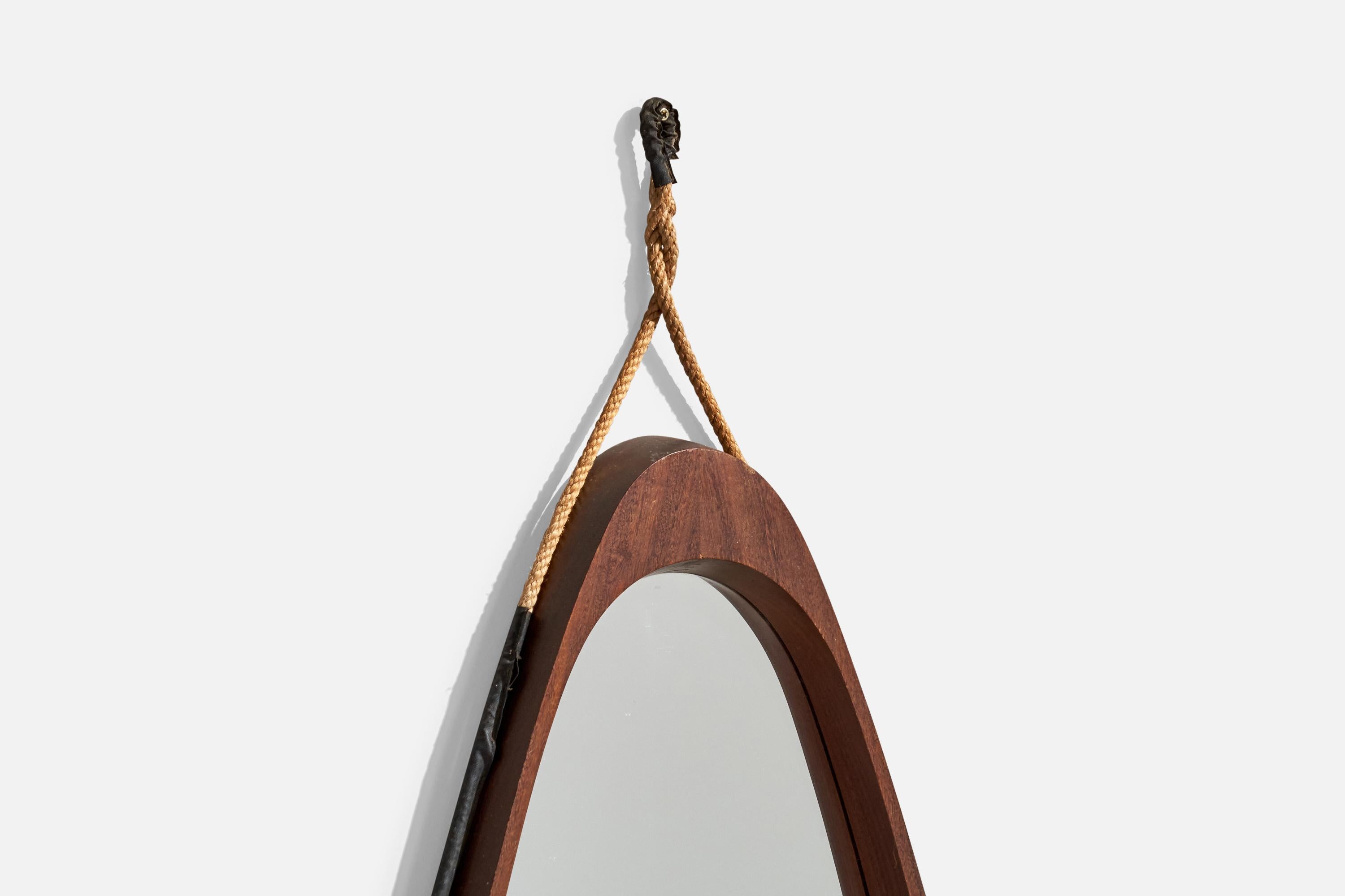 Diseñador italiano, espejo de pared, teca, cuerda, caucho, Italia, años 50 Italiano en venta