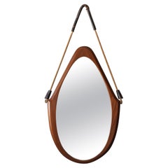 Italian Designer, Wall Mirror, Walnut, Mirror, Cord, Leather, Italy, 1960s