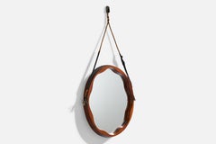 Italian Designer, Wall Mirror, Walnut, Mirror, Cord, Rubber, Italy, 1960s