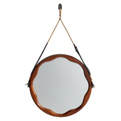 Italian Designer, Wall Mirror, Walnut, Mirror, Cord, Rubber, Italy, 1960s