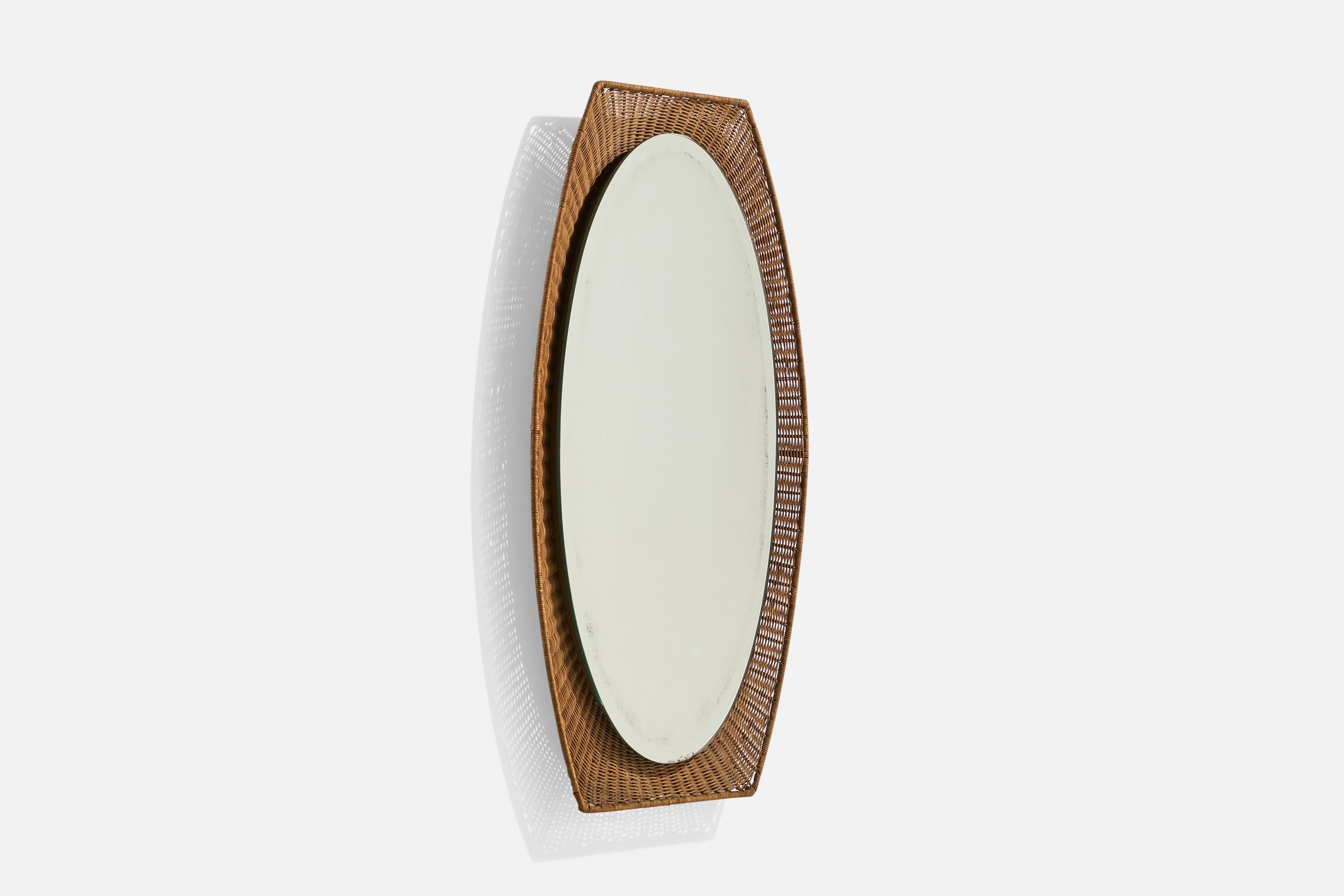 Mid-Century Modern Miroir mural de designer italien, osier, métal, verre miroir, Italie, vers les années 1950 en vente