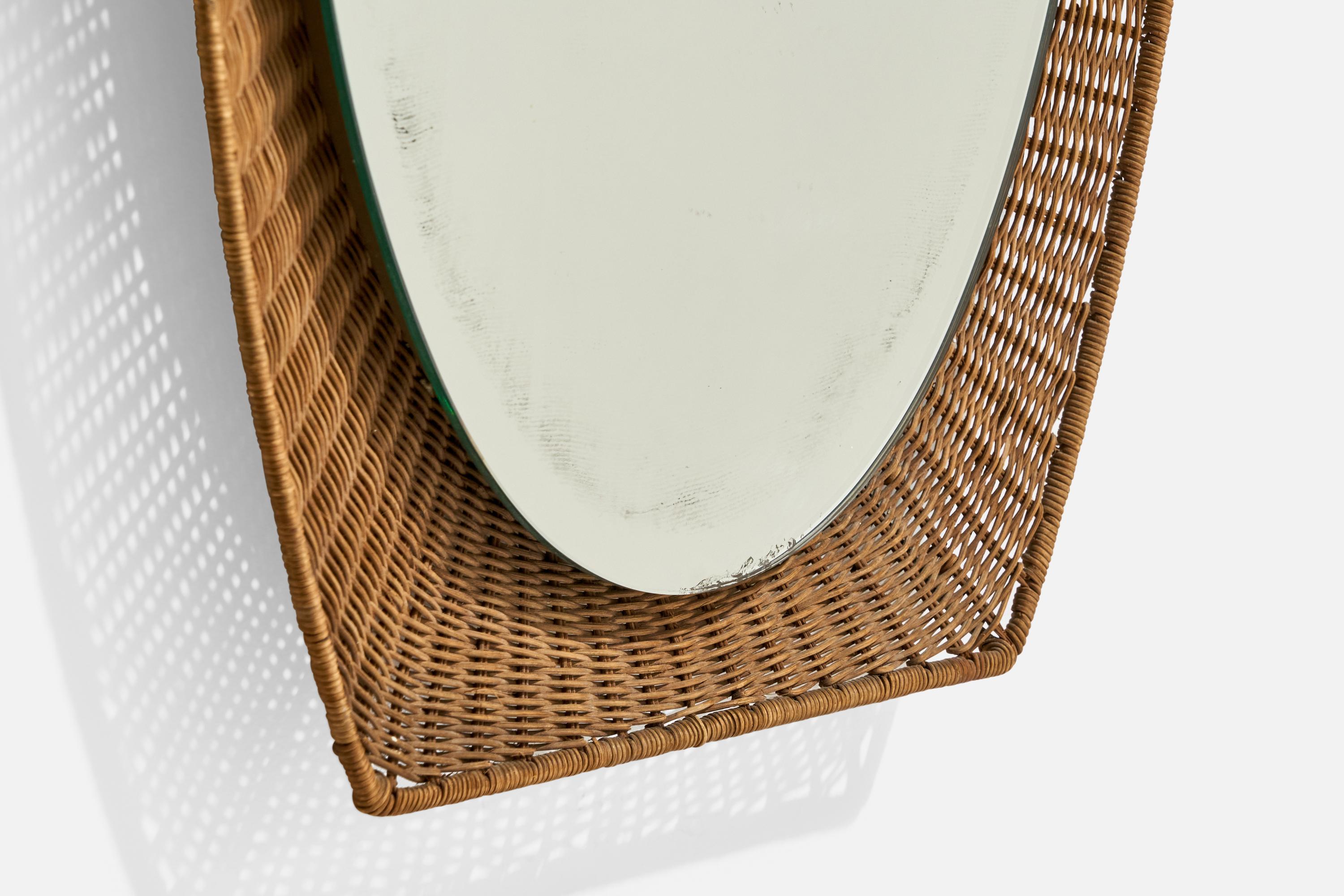 Miroir mural de designer italien, osier, métal, verre miroir, Italie, vers les années 1950 en vente 2