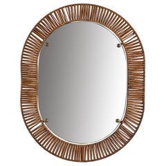 Italian Designer, Wall Mirror, Wicker, Mirror, Brass, Italy, C. 1950s