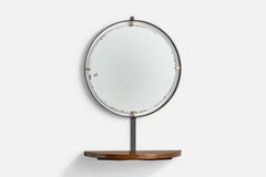 Italian Designer, Wall Mirror with Shelf, Oak, Metal, Brass, Italy, 1950s