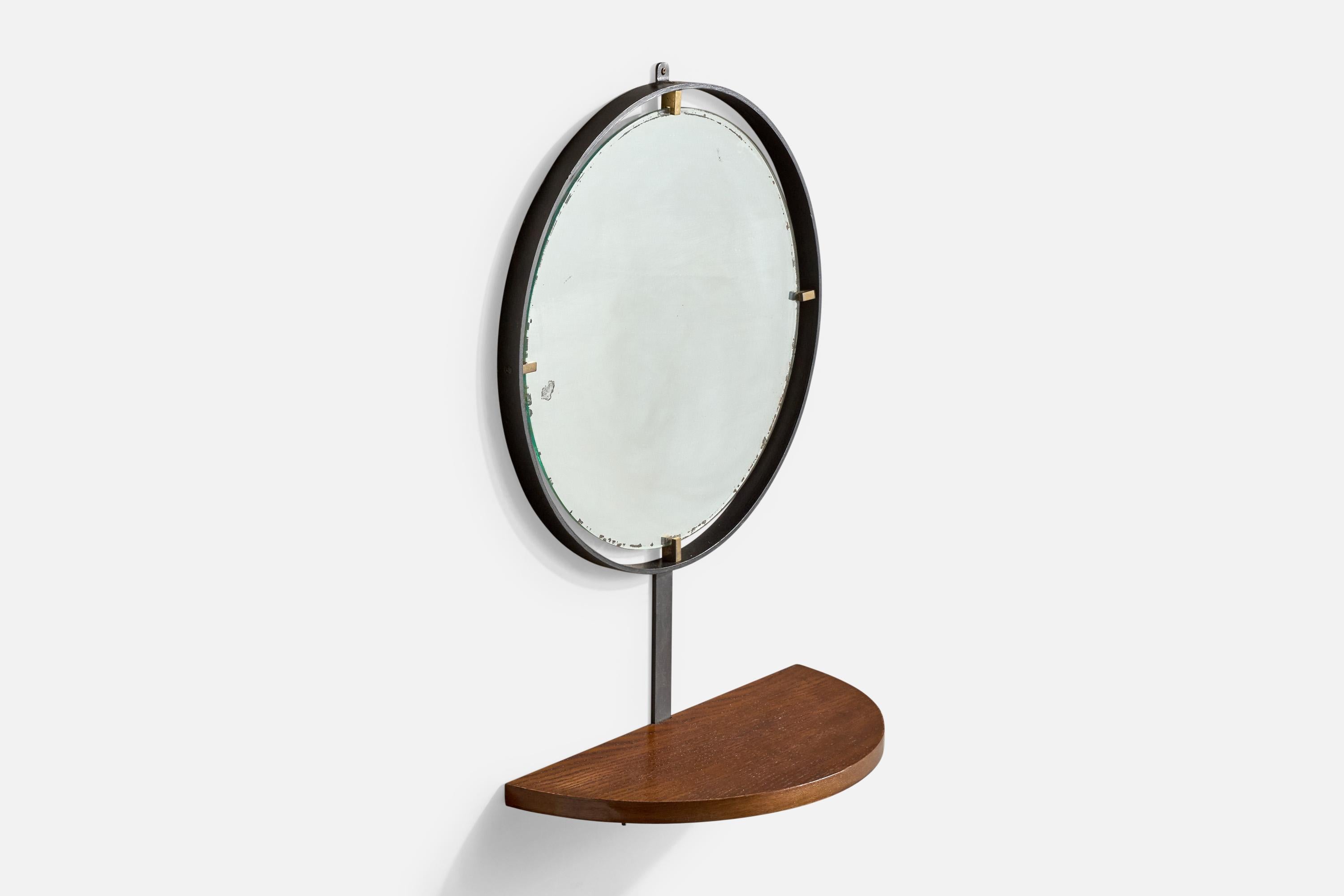 Italian Designer, Wall Mirror with Shelf, Oak, Metal, Brass, Italy, 1950s In Good Condition For Sale In High Point, NC