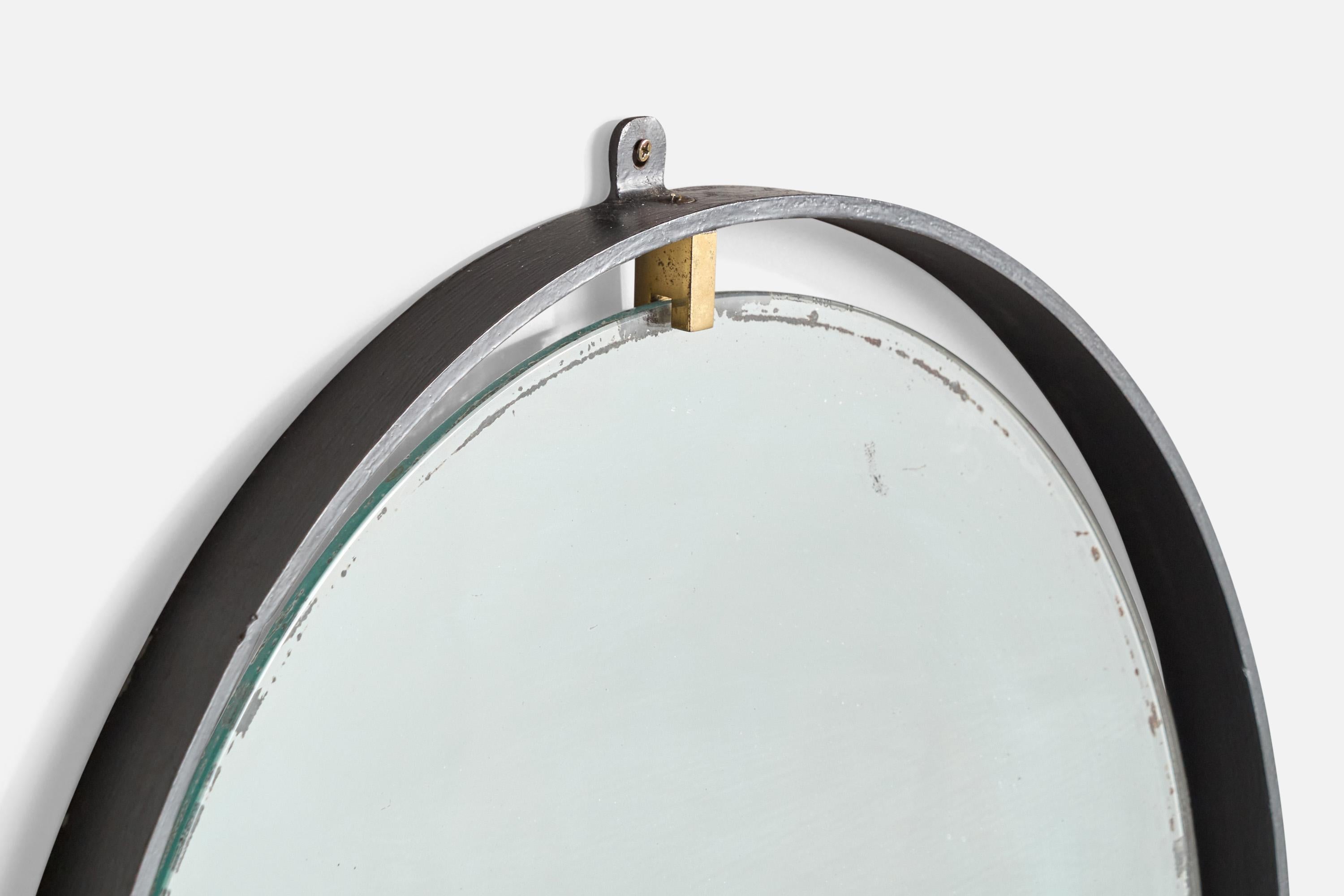 Italian Designer, Wall Mirror with Shelf, Oak, Metal, Brass, Italy, 1950s For Sale 1
