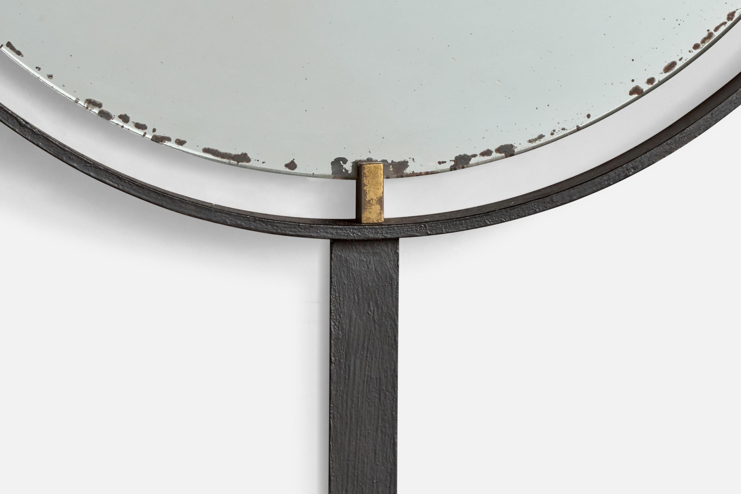 Italian Designer, Wall Mirror with Shelf, Oak, Metal, Brass, Italy, 1950s For Sale 4