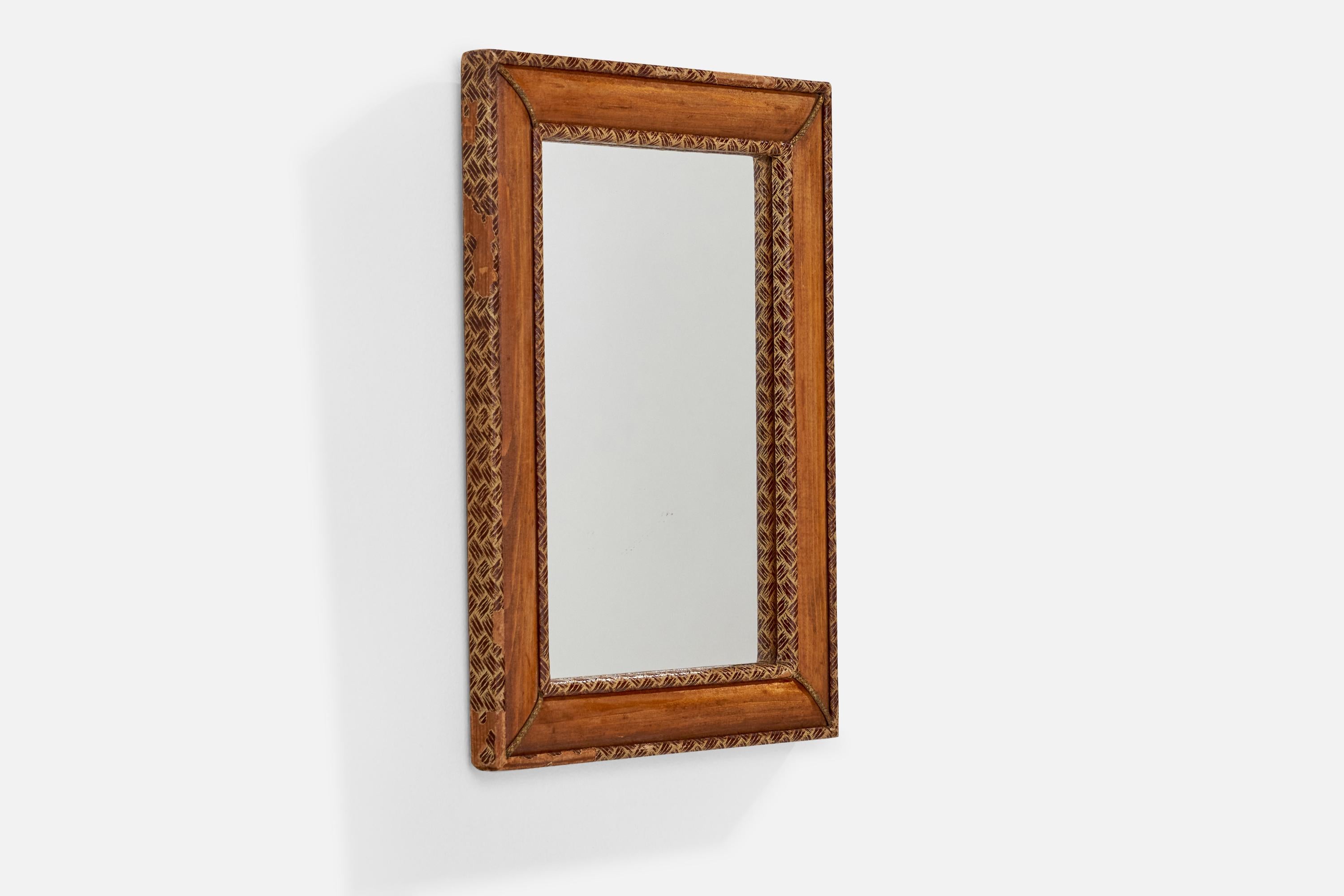 Diseñador italiano, Espejo de pared, Madera, Latón, Cuero, Espejo de cristal, Italia, Años 30 Moderno de mediados de siglo en venta