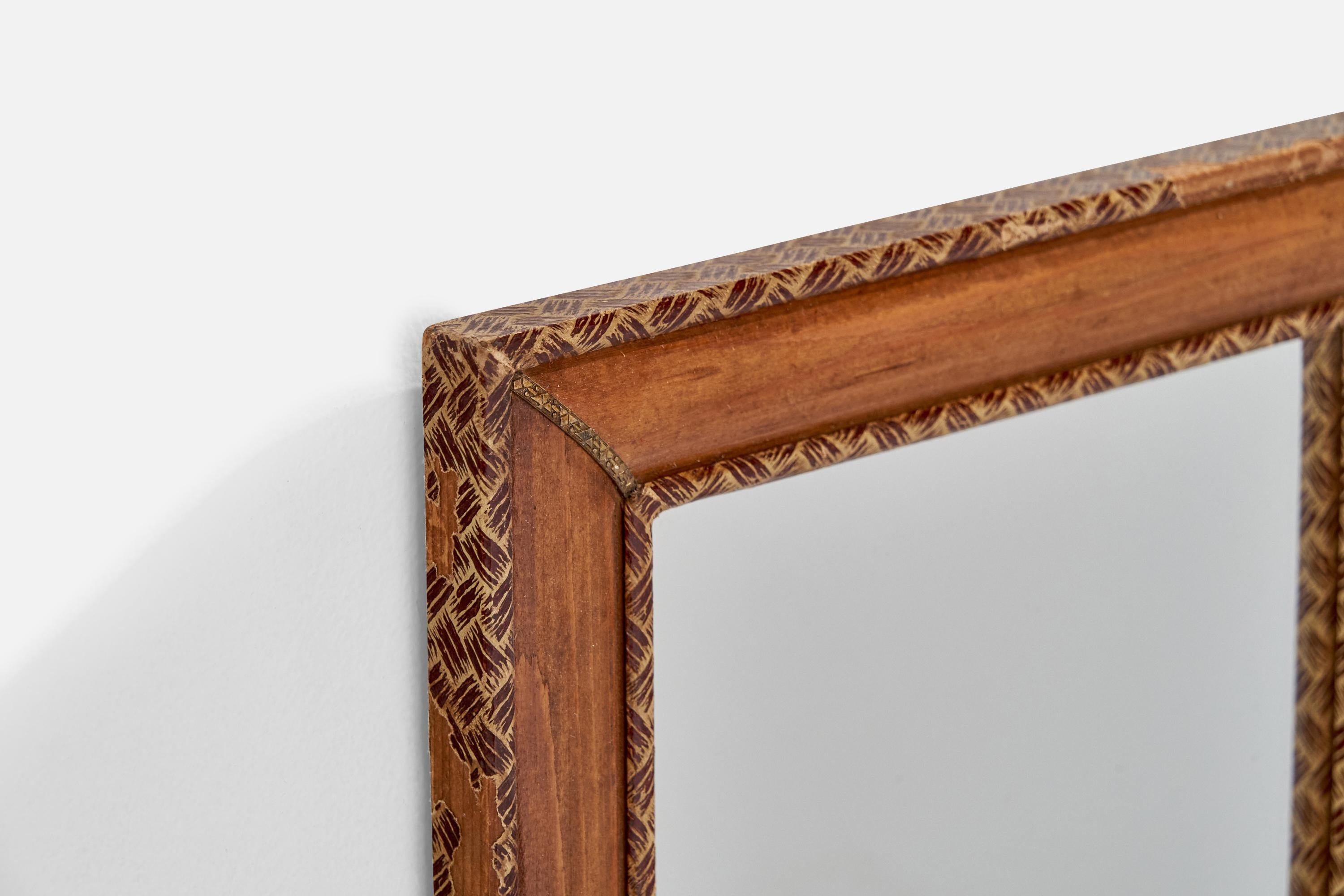 Diseñador italiano, Espejo de pared, Madera, Latón, Cuero, Espejo de cristal, Italia, Años 30 Italiano en venta