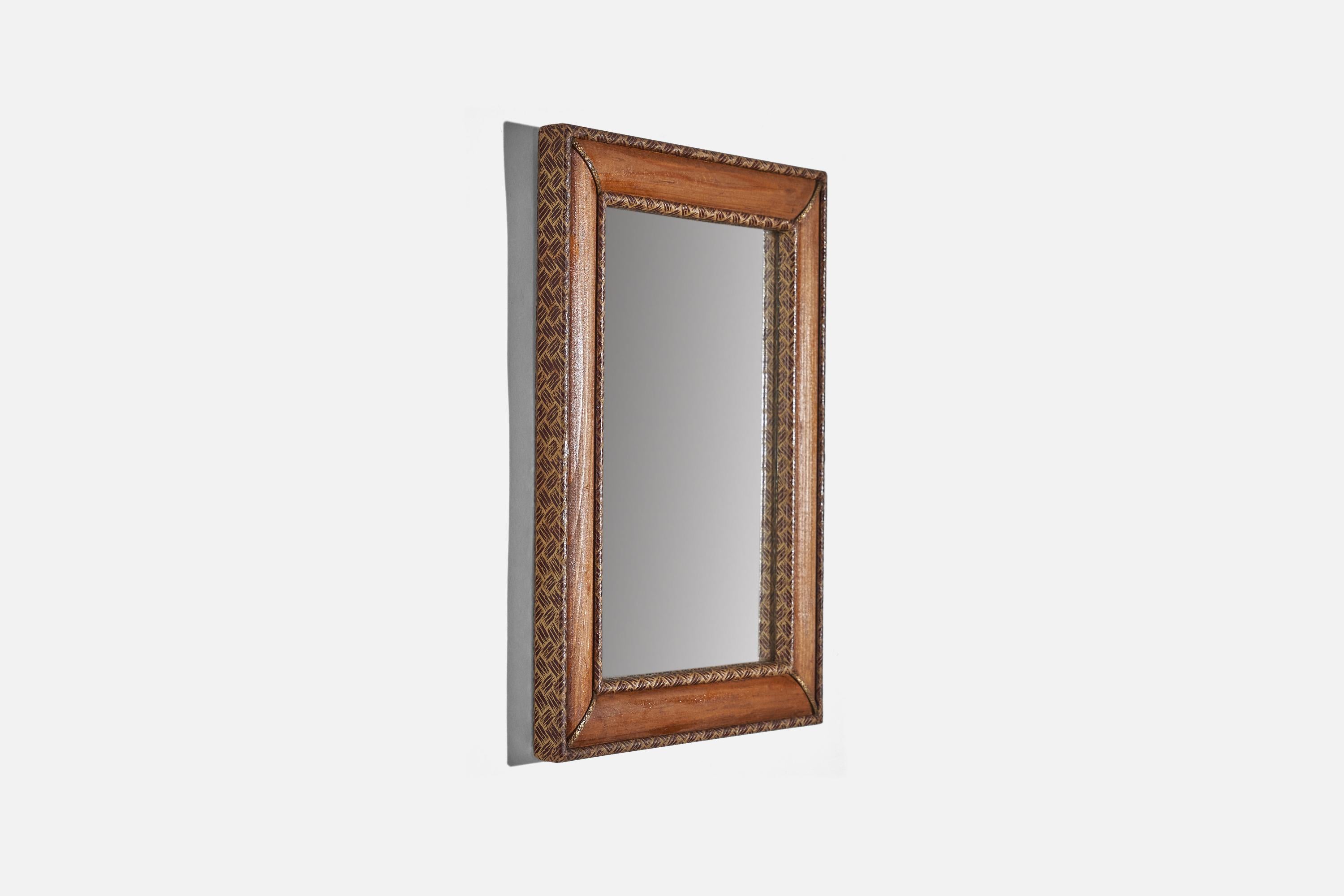 Italian Designer, Wall Mirror, Wood, Brass, Leather, Mirror Glass, Italy, 1930s In Good Condition For Sale In High Point, NC