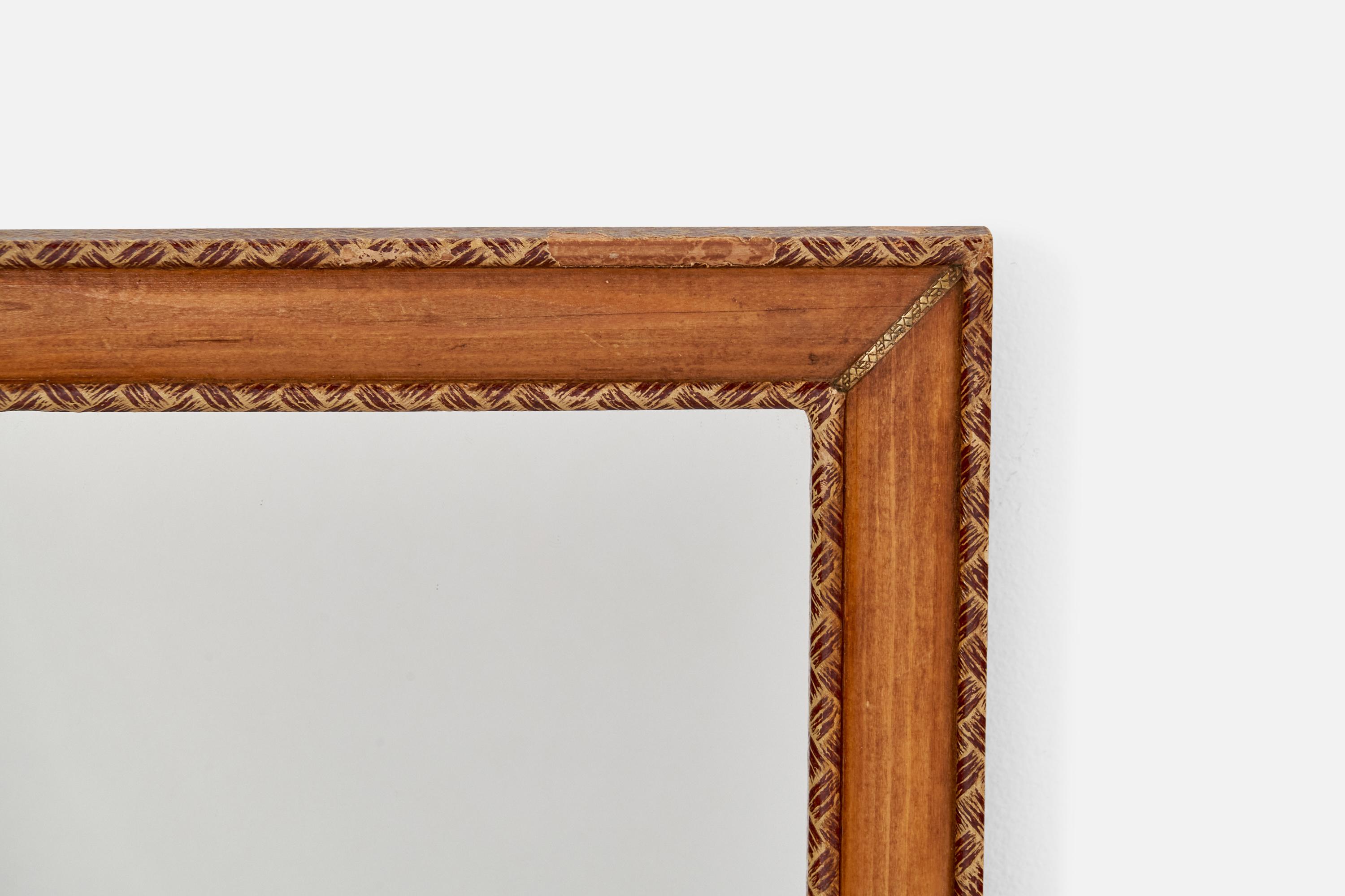 Diseñador italiano, Espejo de pared, Madera, Latón, Cuero, Espejo de cristal, Italia, Años 30 en Bueno estado para la venta en High Point, NC