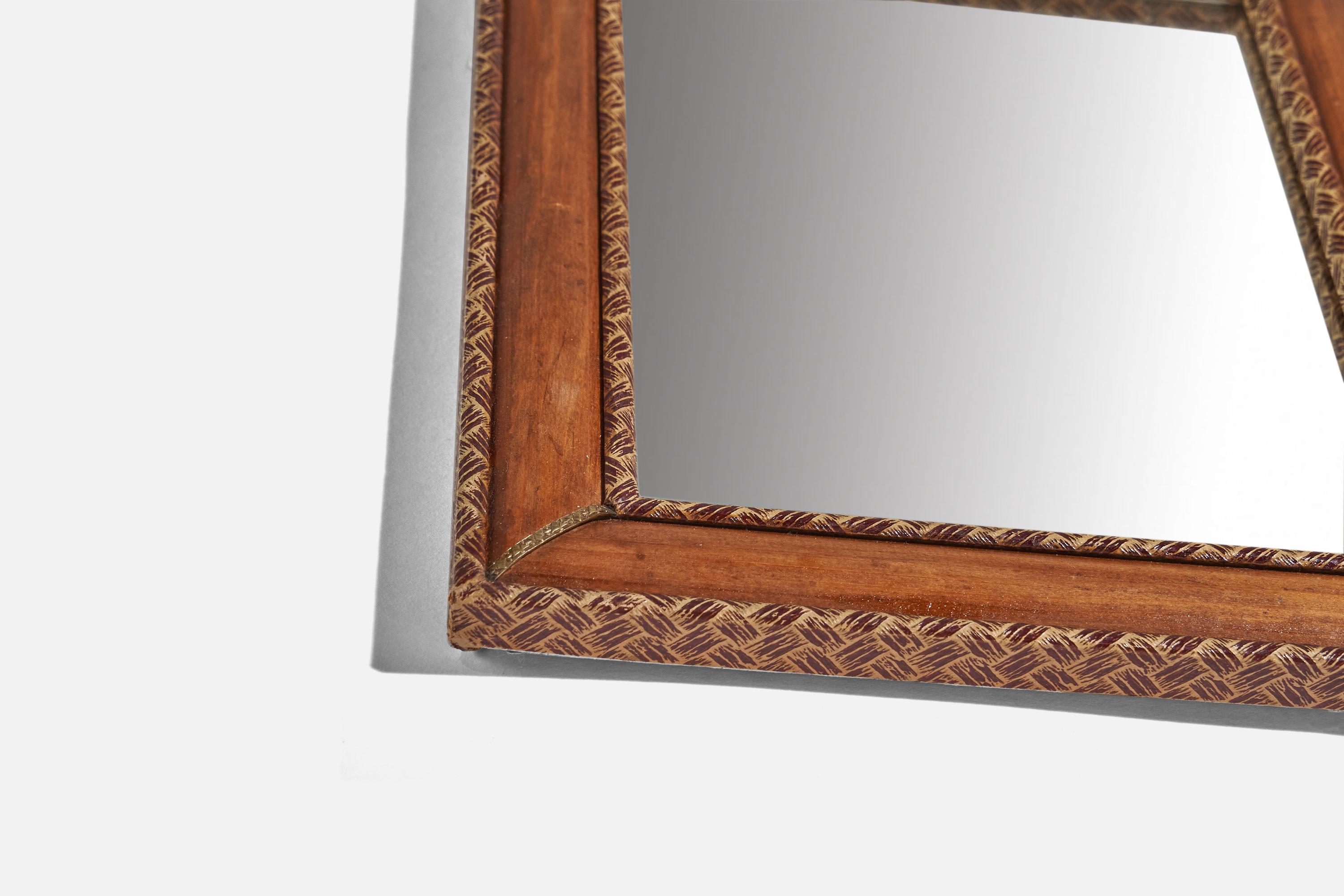 Mid-20th Century Italian Designer, Wall Mirror, Wood, Brass, Leather, Mirror Glass, Italy, 1930s For Sale