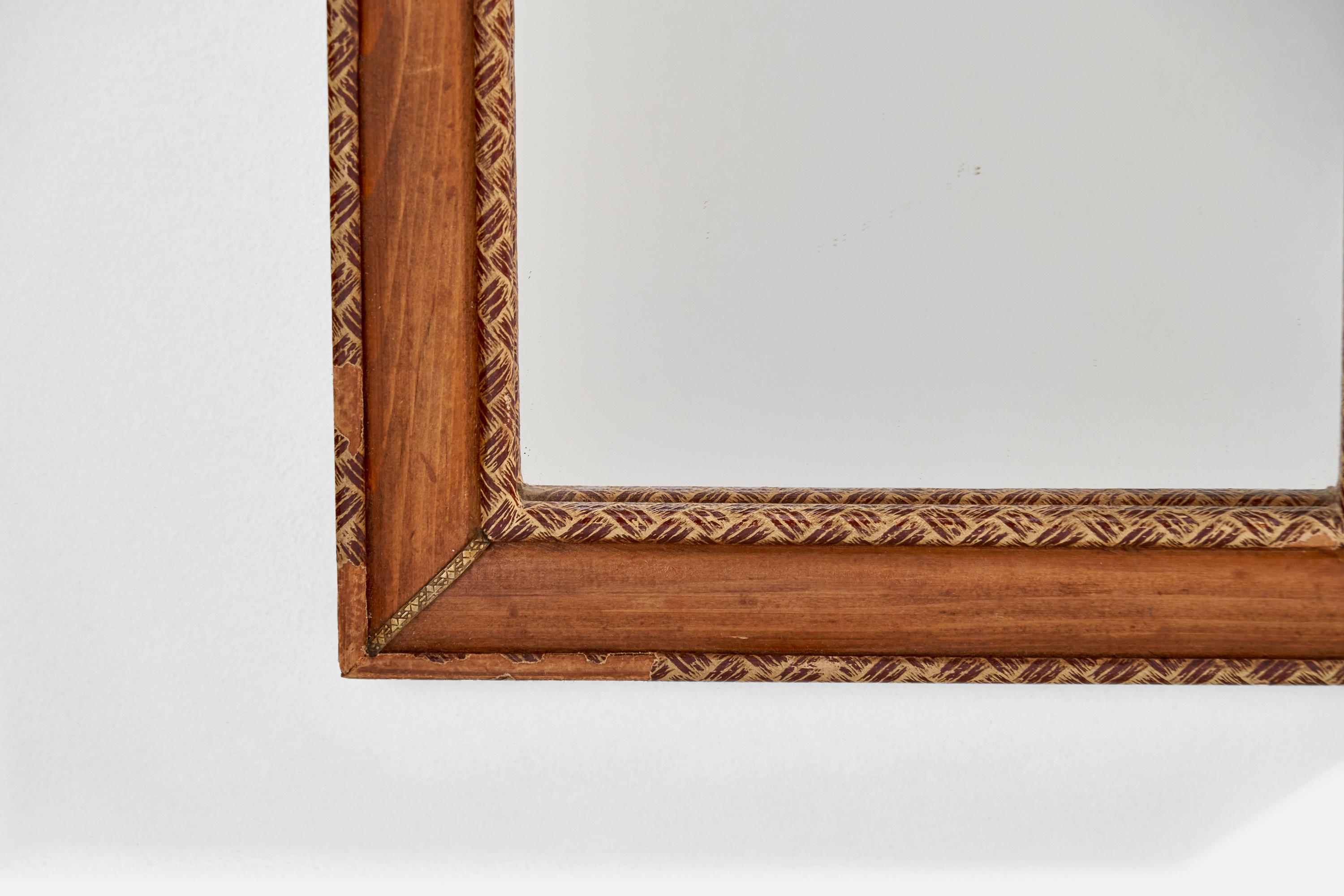 Diseñador italiano, Espejo de pared, Madera, Latón, Cuero, Espejo de cristal, Italia, Años 30 mediados del siglo XX en venta