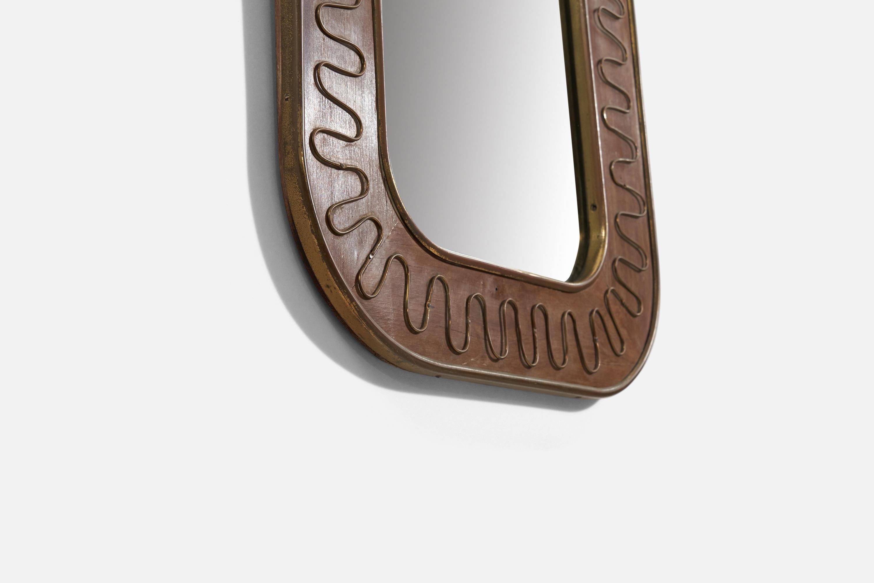 Italian Designer, Wall Mirror, Wood, Brass, Mirror Glass, Italy, 1940s In Good Condition For Sale In High Point, NC