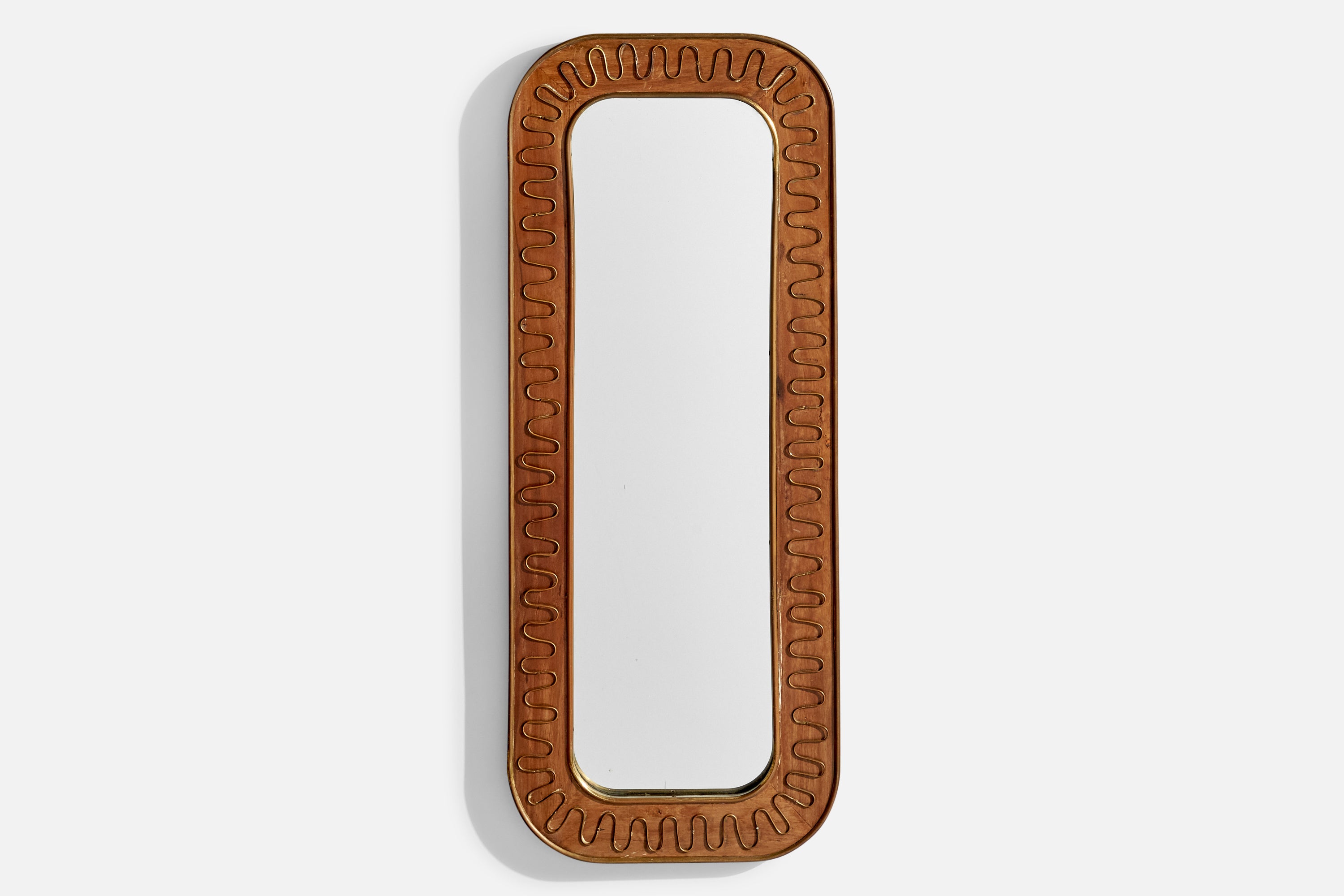 Diseñador Italiano, Espejo de Pared, Madera, Latón, Espejo de Cristal, Italia, Década de 1940