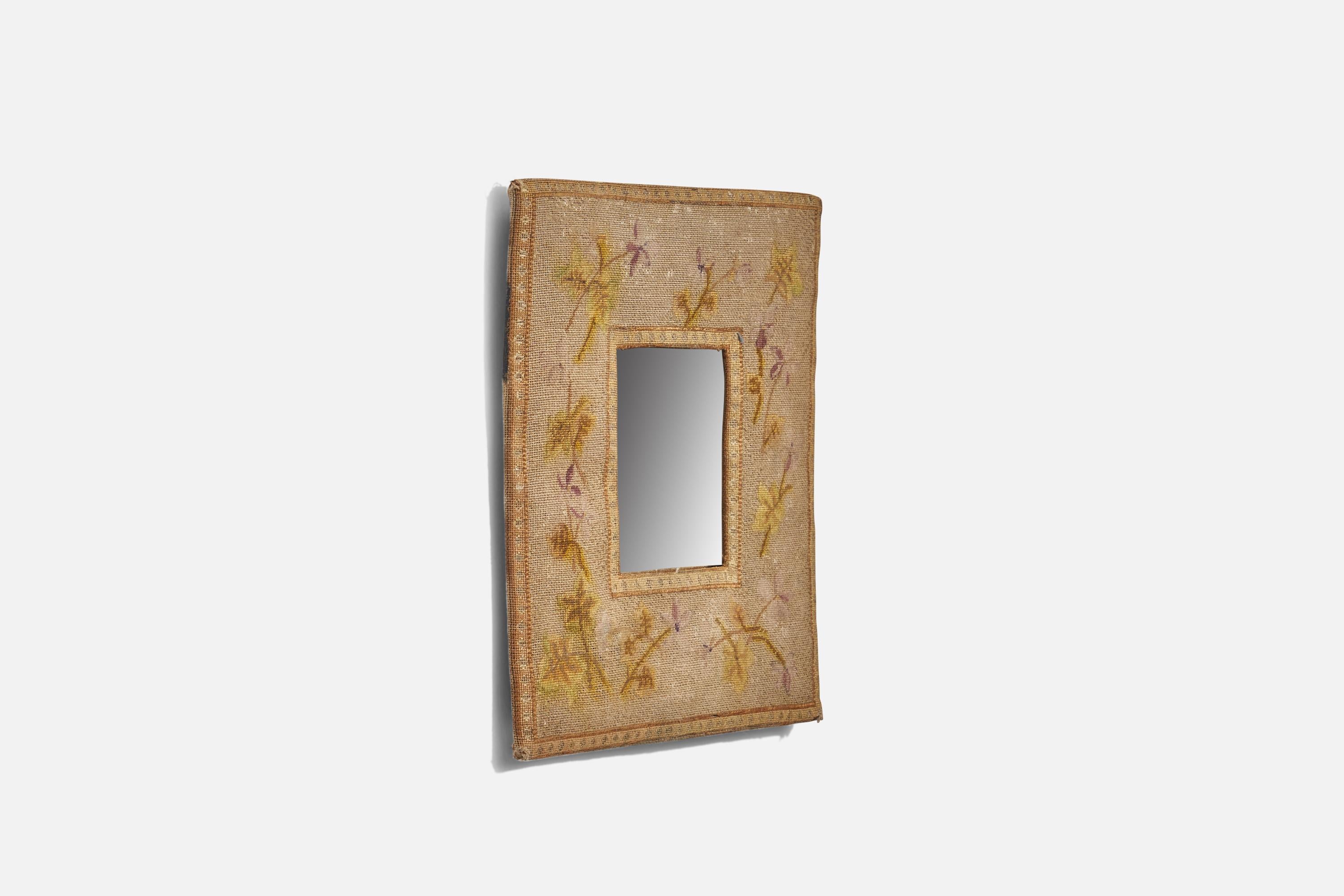 Mid-Century Modern Italian Designer, Wall Mirror, Wood, Fabric, Italy, 1940s For Sale