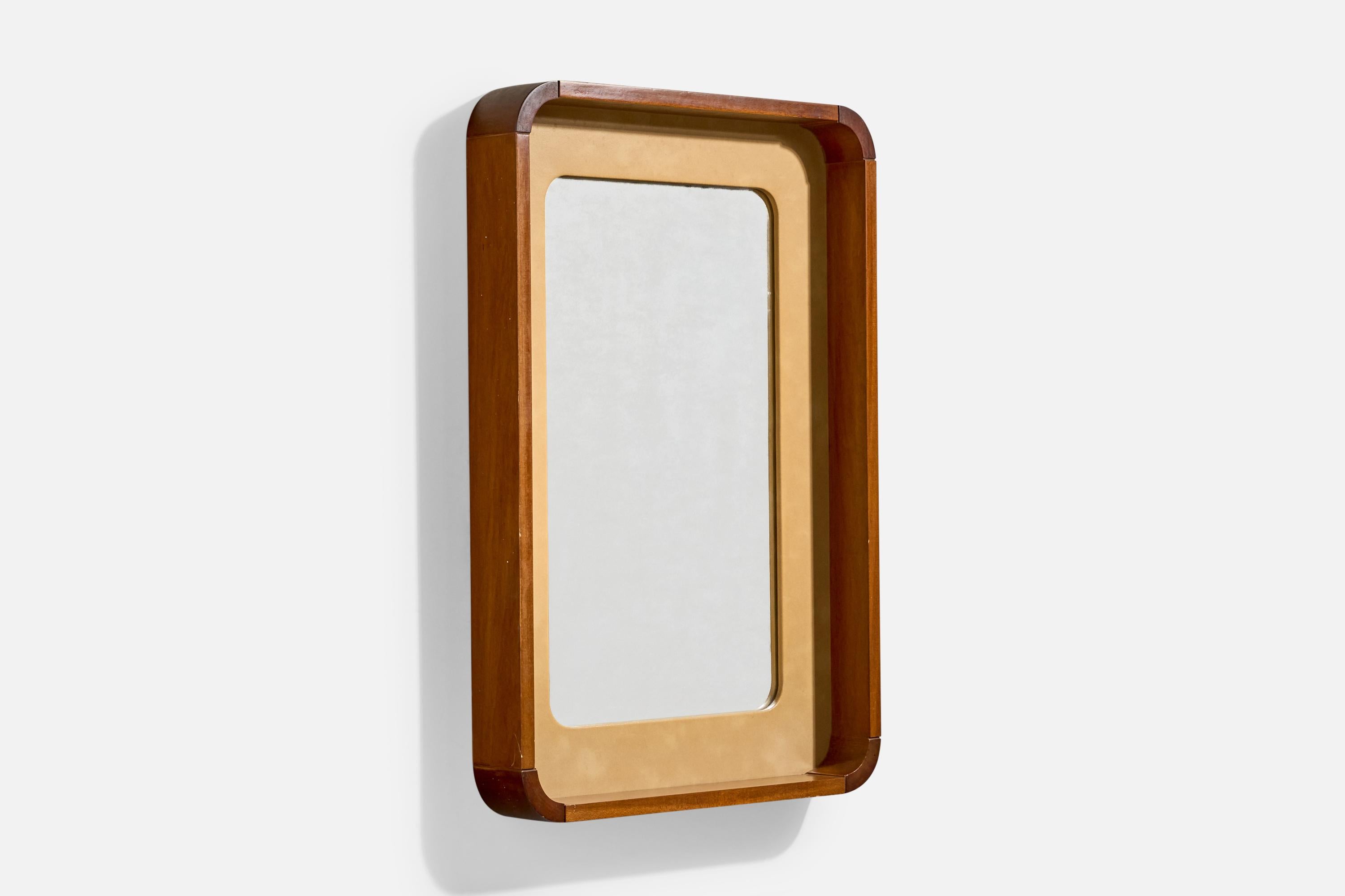 Italienischer Designer, Wandspiegel, Holz, Leder, Italien, 1970er Jahre im Zustand „Gut“ im Angebot in High Point, NC