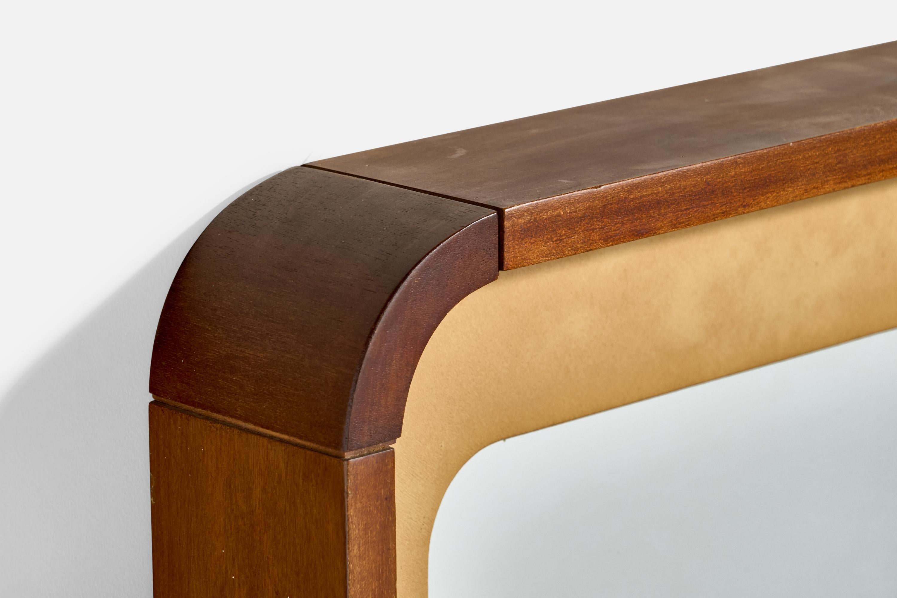 Italienischer Designer, Wandspiegel, Holz, Leder, Italien, 1970er Jahre (Ende des 20. Jahrhunderts) im Angebot