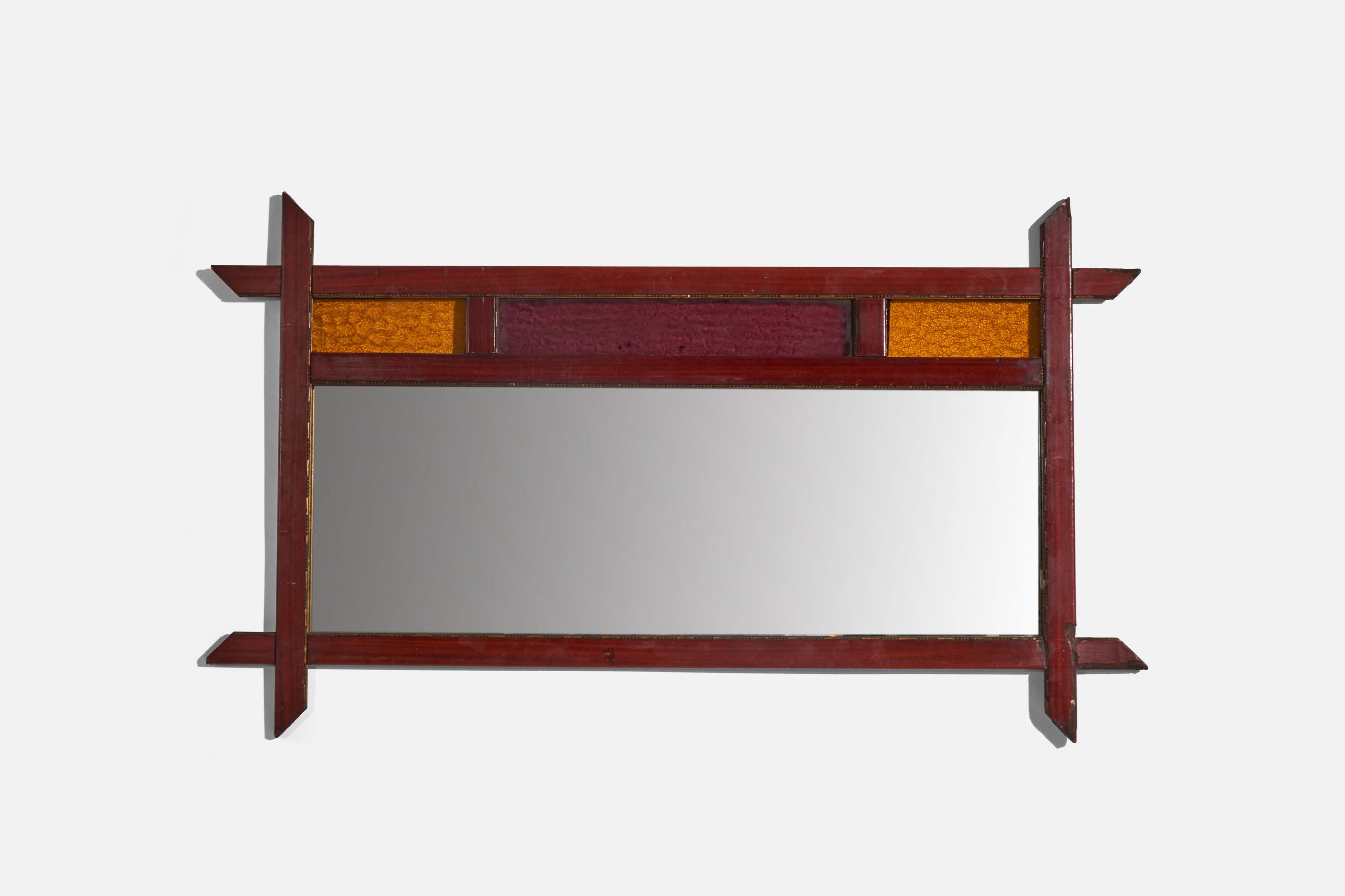 A wood and glass wall mirror designed and produced by an Italian designer, Italy, c. 1960s.
 