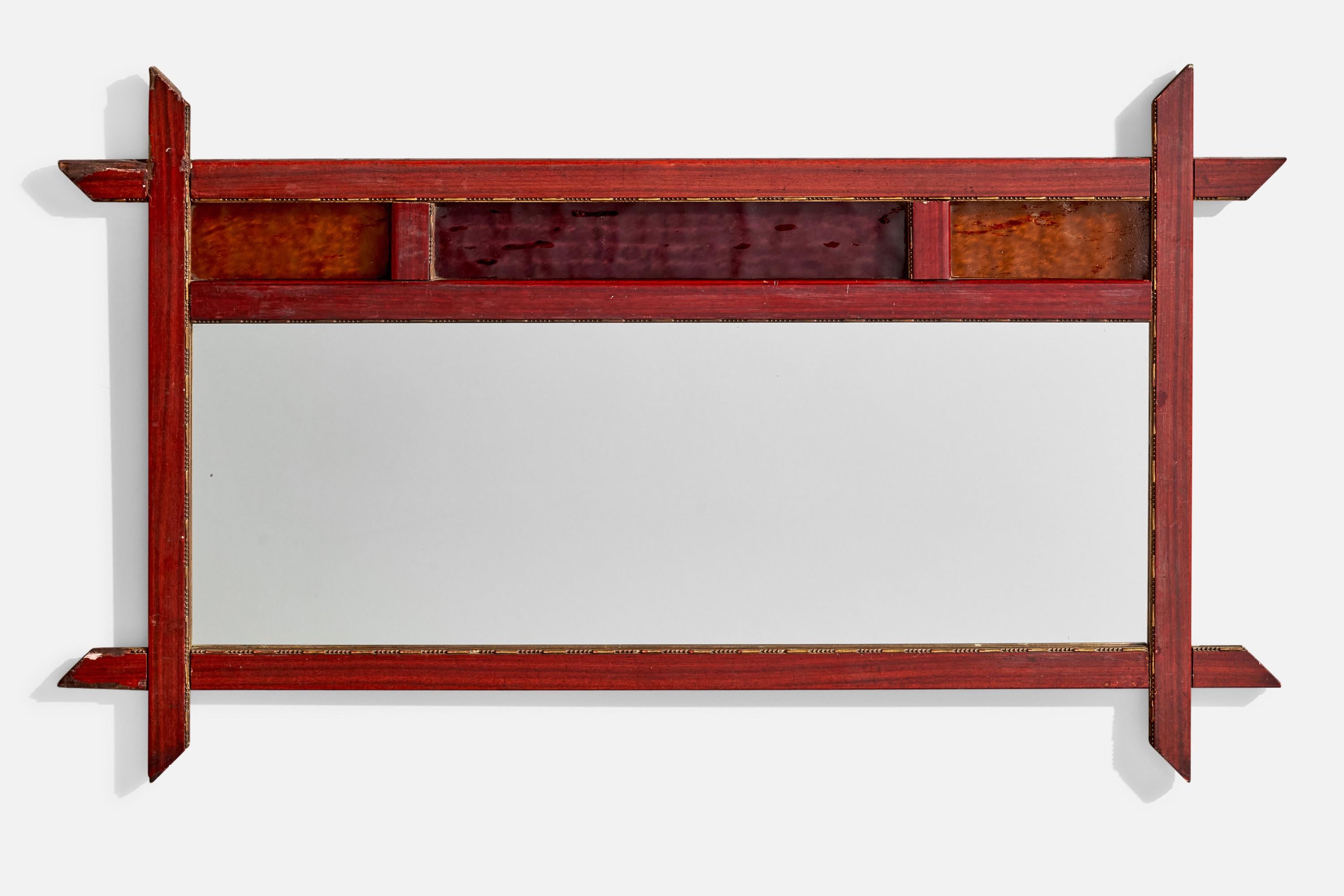 A wood and glass wall mirror designed and produced by an Italian designer, Italy, c. 1960s.
 