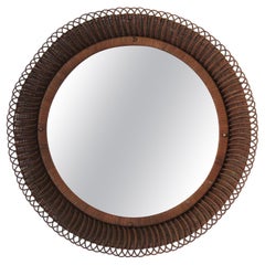 Italian Designer, Wall Mirror, Woven Rattan, Brass, Mirror Glass, Italy, 1950s