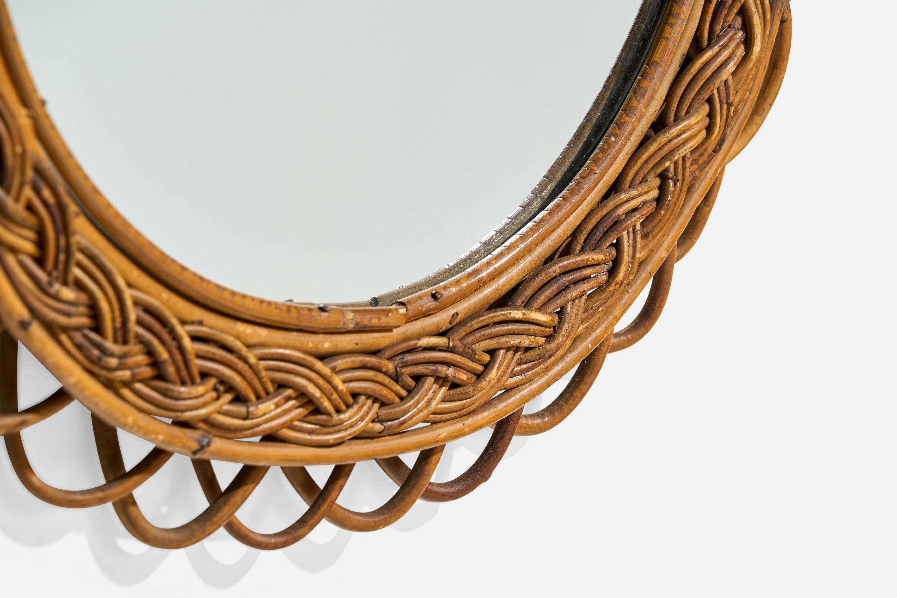 Miroir mural de designer italien, rotin tressé, verre de miroir, Italie, années 1950 en vente 1