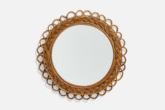 Italian Designer, Wall Mirror, Woven Rattan, Mirror Glass, Italy, 1950s