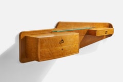 Italian Designer, Wall Mounted Console, Wood, Glass, Brass, Italy, 1940s