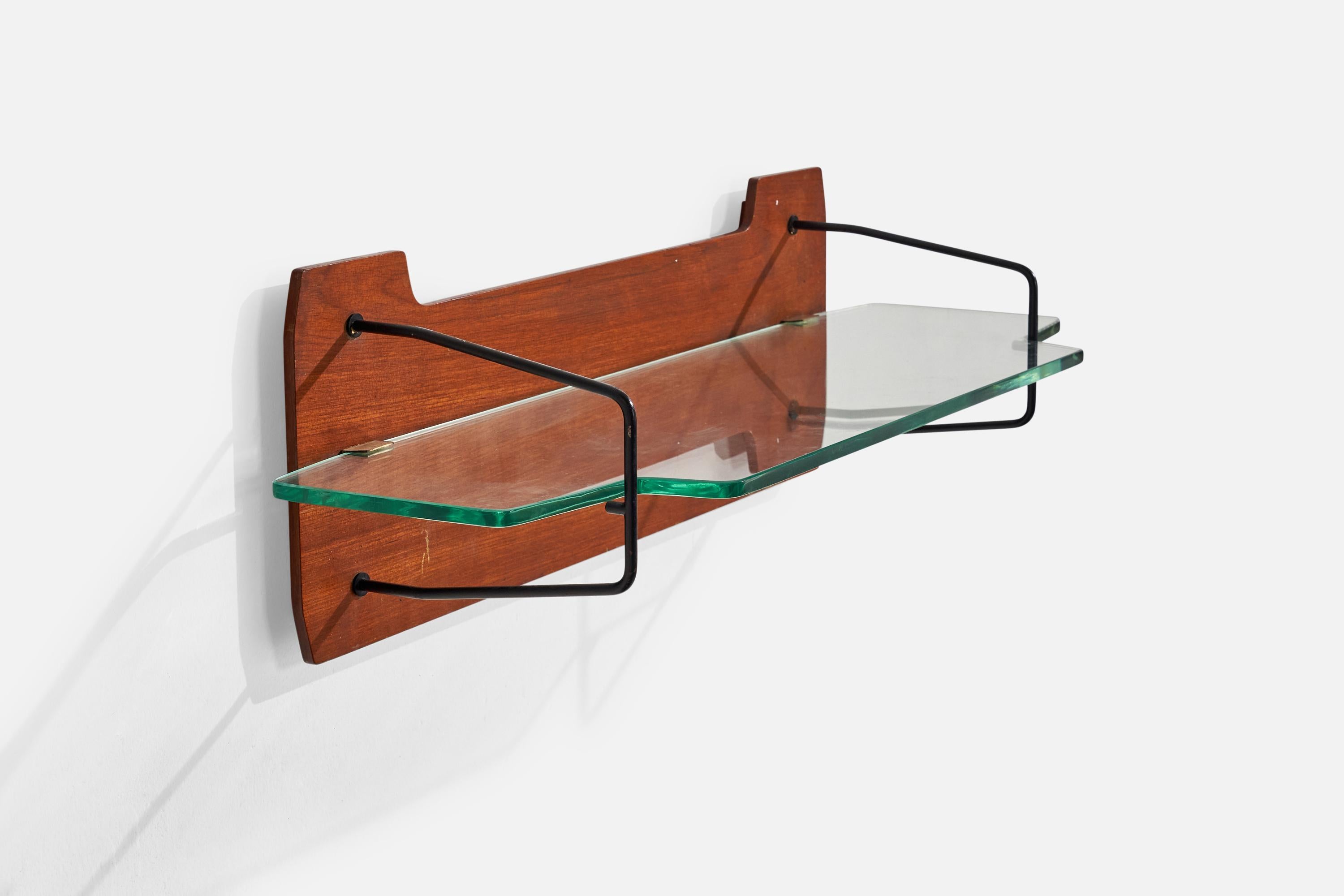 A teak, black-lacquered metal and glass wall shelf or small console designed and produced in Italy, 1950s.
