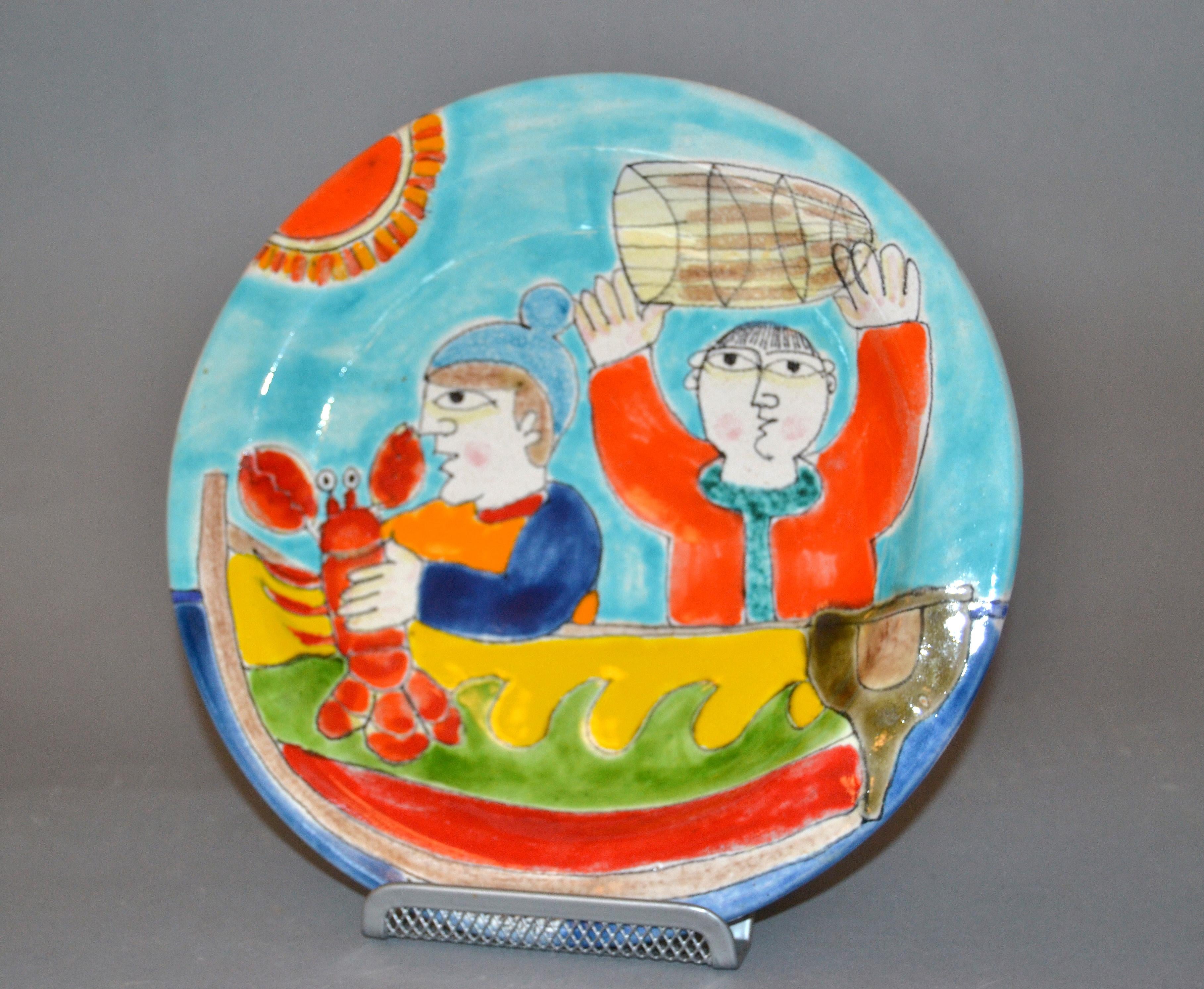 Assiette décorative ronde italienne en poterie d'art peinte à la main représentant la pêche de homards Bon état à Miami, FL
