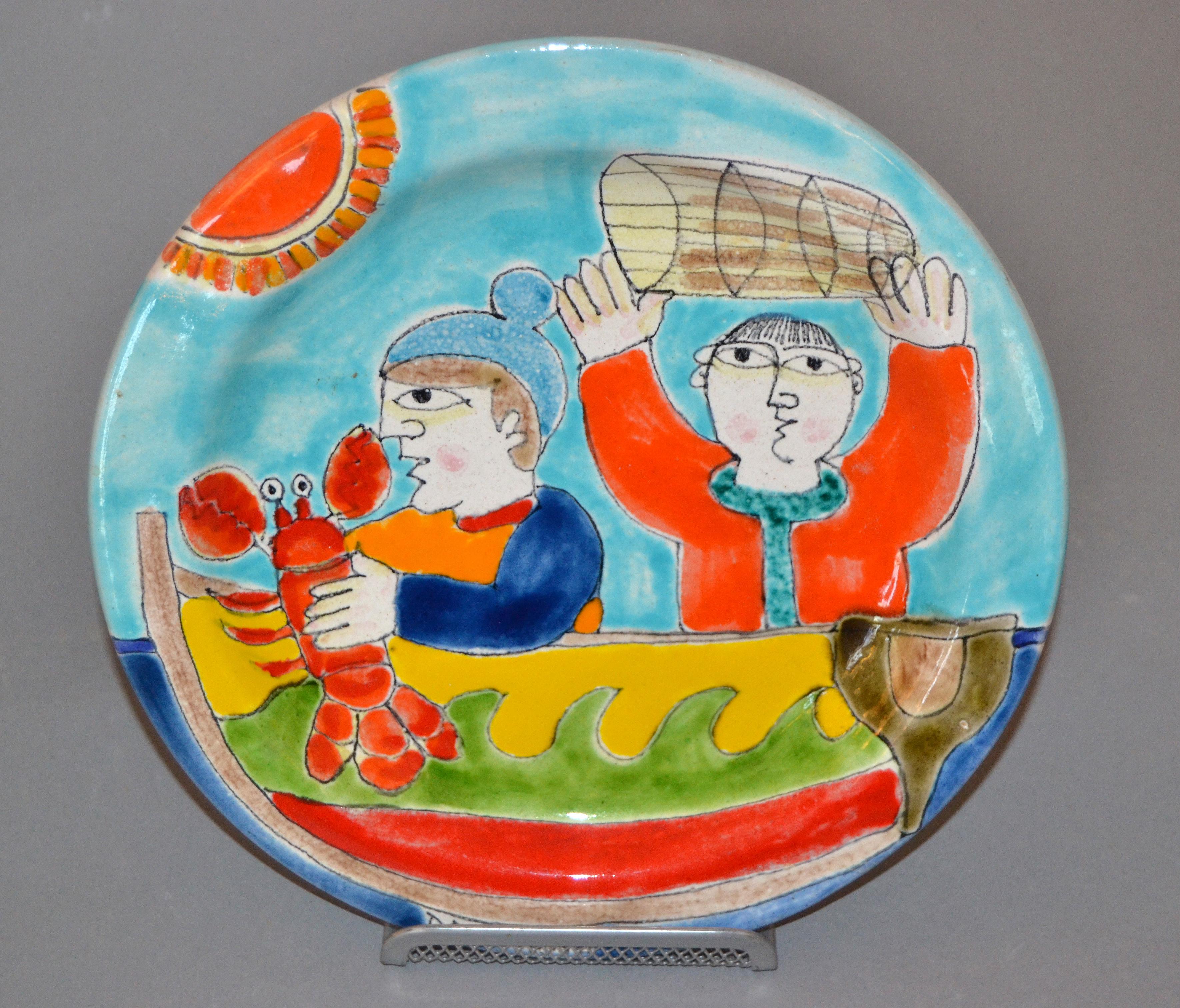 Assiette décorative ronde italienne en poterie d'art peinte à la main représentant la pêche de homards 2