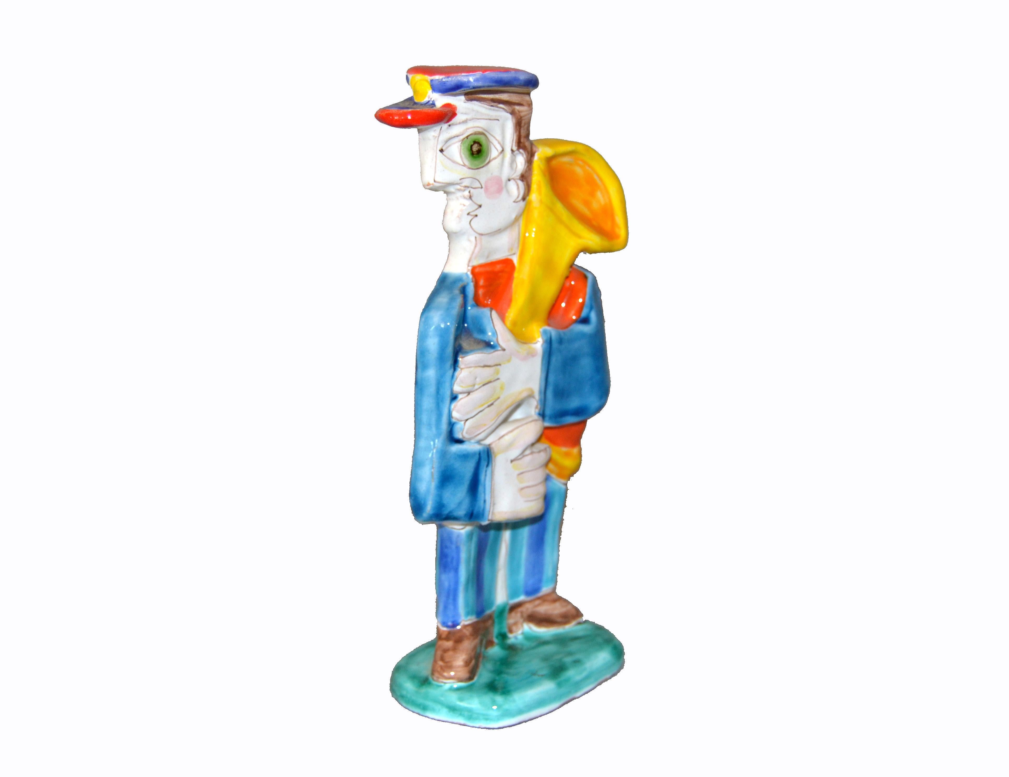 Mid-Century Modern Italian DeSimone Hand Painted Art Pottery Special Order Tuba Player Figure Italy