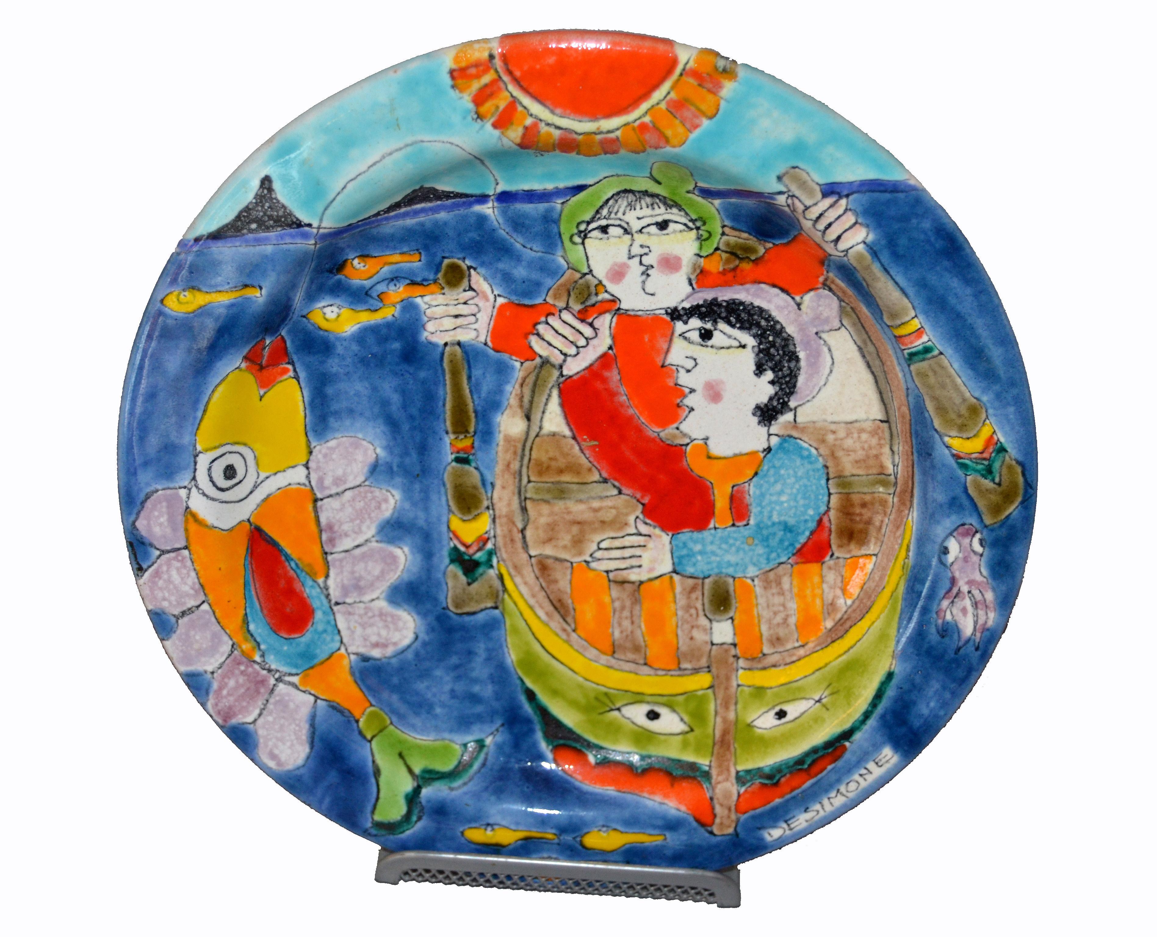 Mid-Century Modern Italian DeSimone Hand Painted Pottery Round Decor Plate Big Fish Fishermen Italy