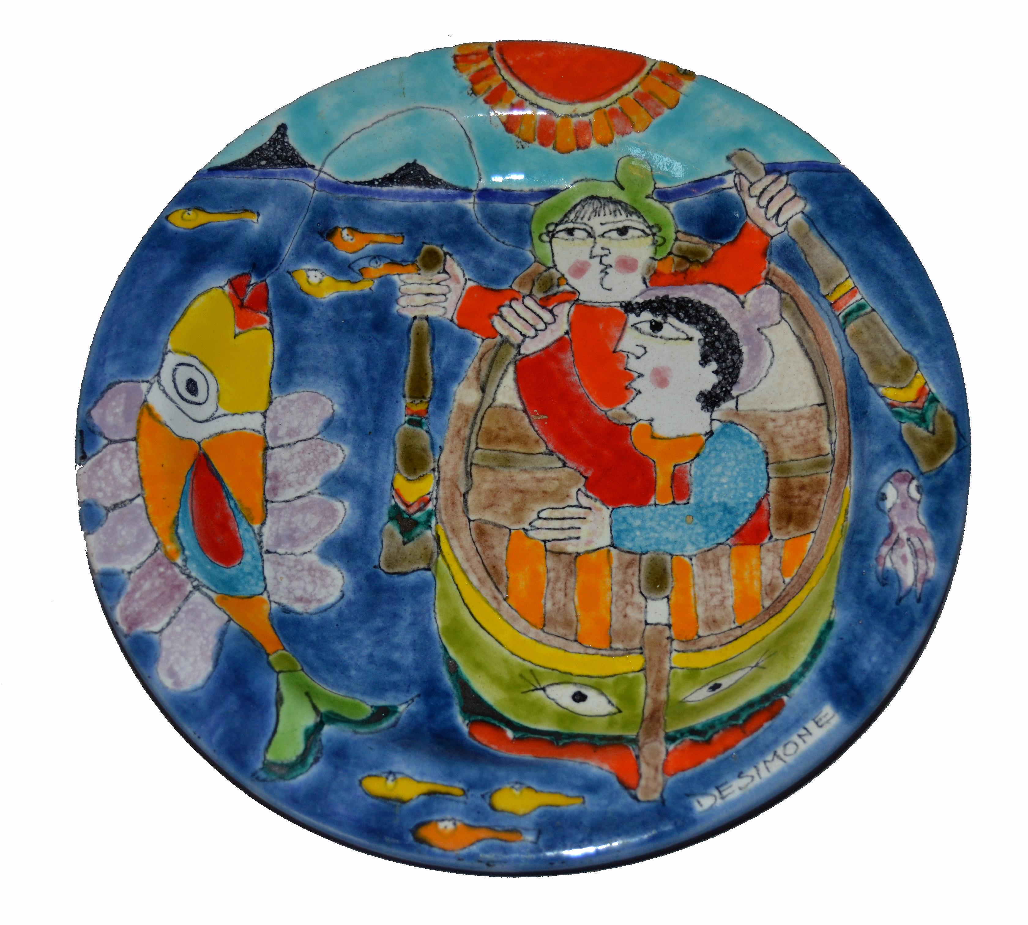 Glazed Italian DeSimone Hand Painted Pottery Round Decor Plate Big Fish Fishermen Italy