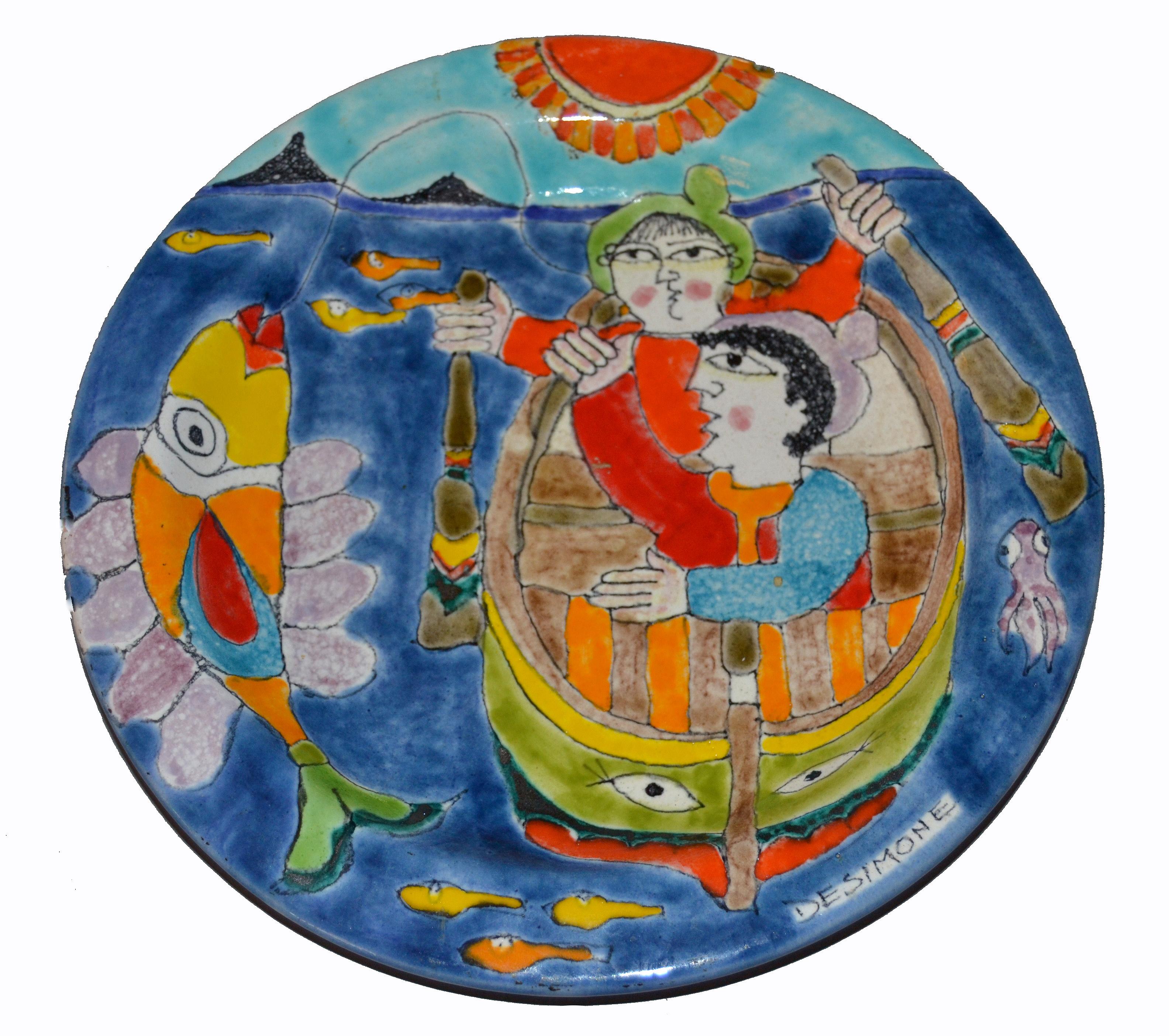 Late 20th Century Italian DeSimone Hand Painted Pottery Round Decor Plate Big Fish Fishermen Italy