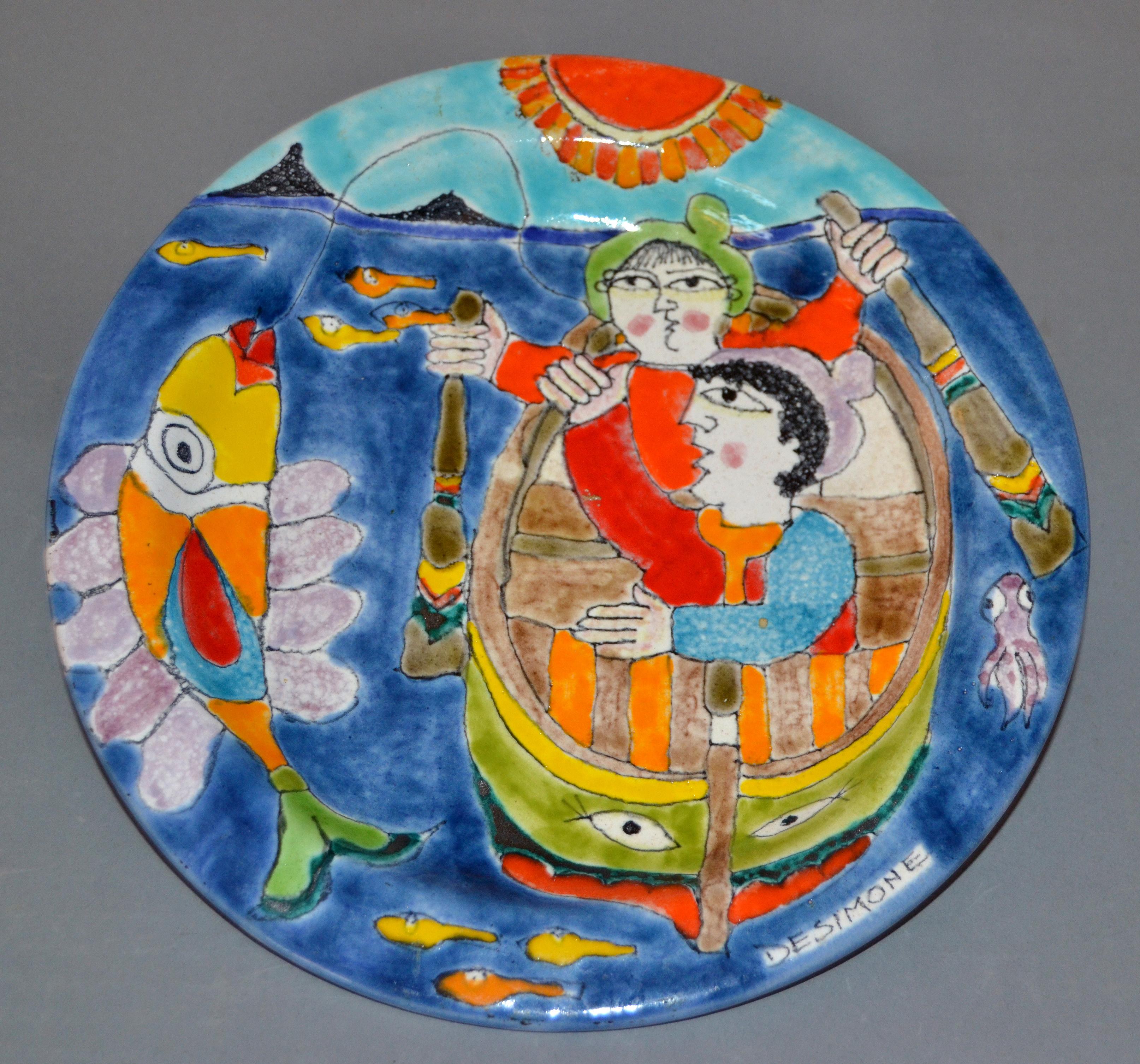 Italian DeSimone Hand Painted Pottery Round Decor Plate Big Fish Fishermen Italy 2