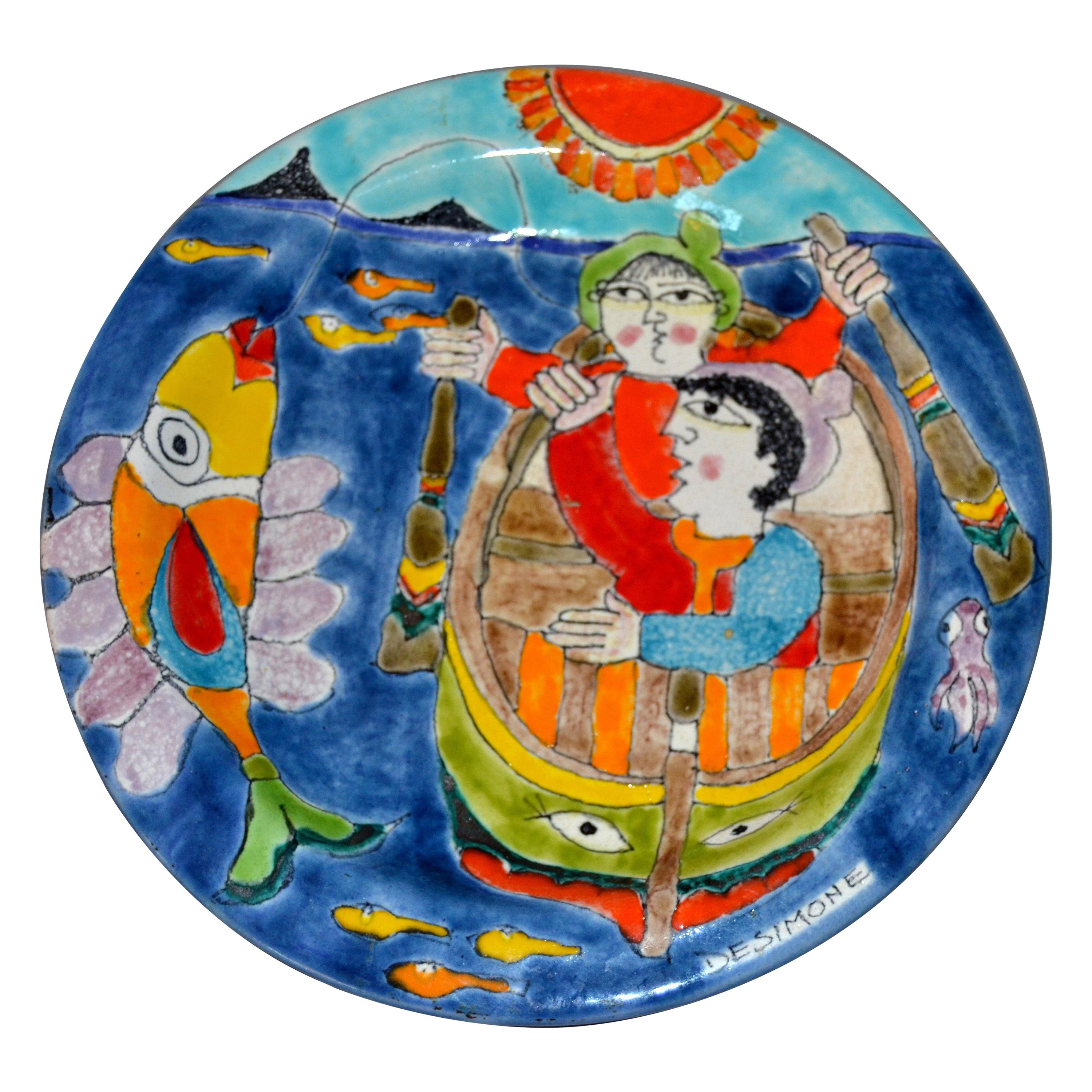 Italienische handbemalte DeSimone-Keramik:: runder Dekoteller mit großen Fischen:: Fischer:: Italien