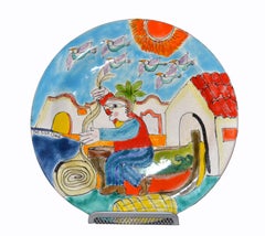 Plato Decorativo Redondo de Cerámica Italiana Desimone Pintado a Mano Tienda de Pescadores Red Fundida