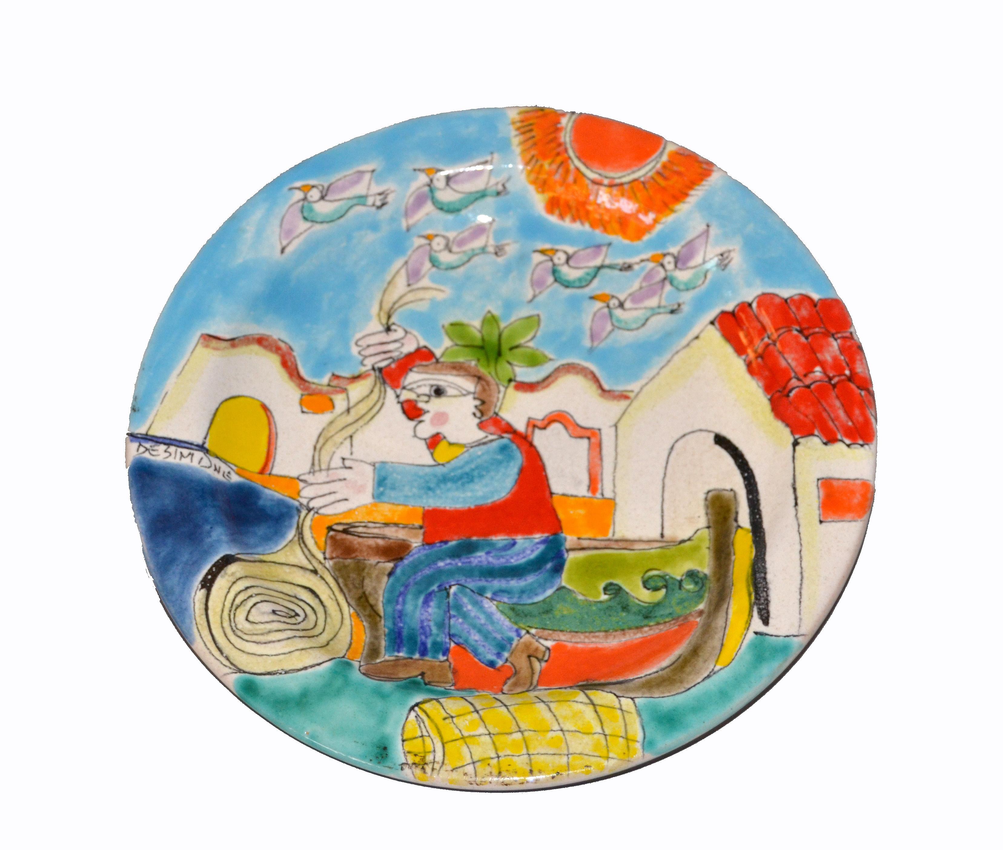 Glazed Italian Desimone Hand Painted Pottery Round Decor Plate Fisherman Store Cast Net For Sale