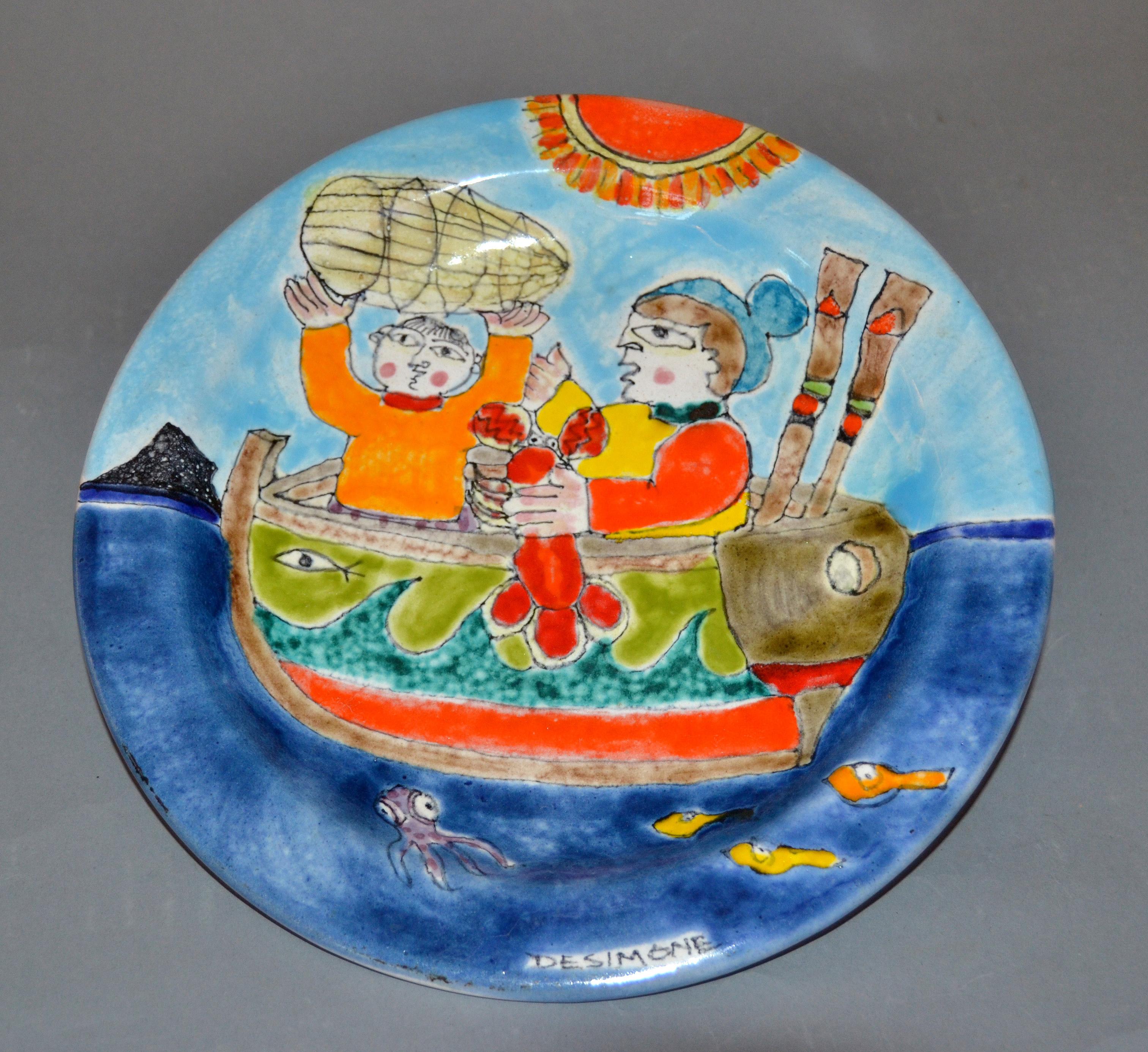 Mid-Century Modern Italian Desimone Hand Painted Pottery Round Decor Plate Lobster Fishing, Octopus