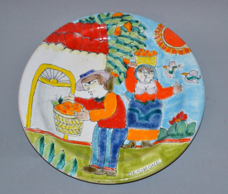 Mid-Century Modern Italian Desimone Hand Painted Pottery Round Decor Plate Orange Picking, Italy For Sale