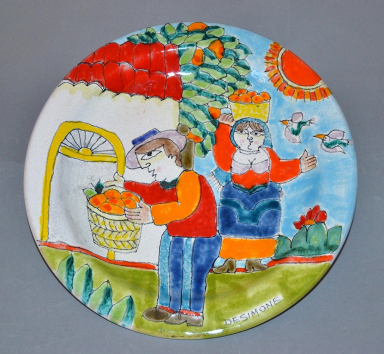 Glazed Italian Desimone Hand Painted Pottery Round Decor Plate Orange Picking, Italy For Sale
