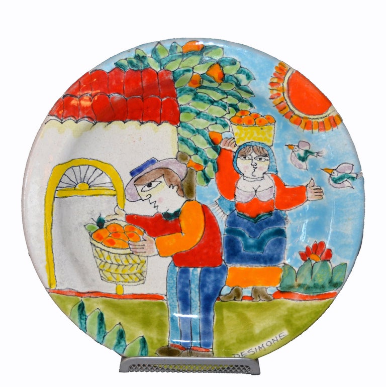 Italian Desimone Hand Painted Pottery Round Decor Plate Orange Picking, Italy For Sale 3
