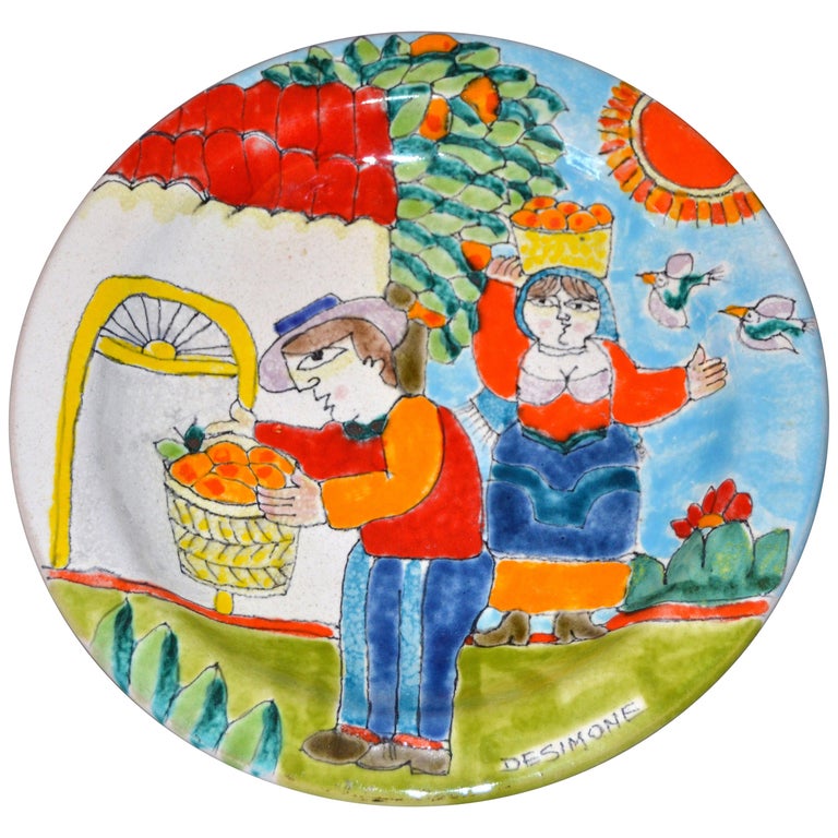 Italian Desimone Hand Painted Pottery Round Decor Plate Orange Picking, Italy For Sale