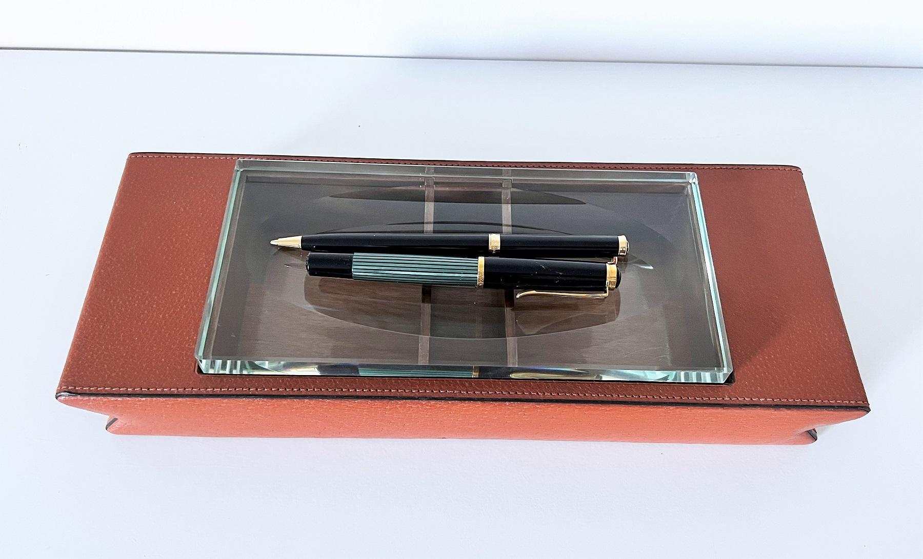 Art Deco Italian Desk Box in Leather and Cut Glass, 1970s For Sale